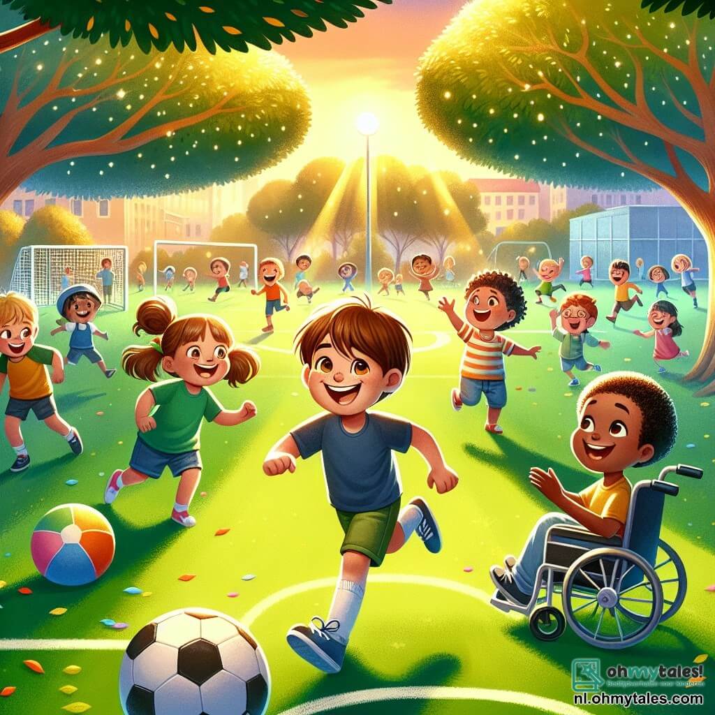 Illustratie die een levendige scène weergeeft in een uitgestrekte en groene speeltuin, verlicht door het gouden licht van de ondergang. In het midden een groot voetbalveld met goed onderhouden gras, omringd door grote bomen met glanzende bladeren, waar kinderen samen lachen en spelen. Een jongen van ongeveer 10 jaar, met een lichte huid en bruin haar, dribbelt enthousiast met de bal. Naast hem staat een 9-jarig meisje, met een donkere huid en krullend haar, dat vrolijk glimlacht terwijl ze haar vriend aanmoedigt. Een andere jongen, 11 jaar oud, zittend in een rolstoel, kijkt met bewondering en zijn ogen sprankelen van vreugde terwijl hij zijn vrienden applaudisseert. De hoofdscène toont de kinderen die samen voetbal spelen, waarbij ze hun krachten bundelen ondanks hun verschillen. Op de achtergrond voegen andere kinderen van verschillende etnische achtergronden zich bij hen, wat een sfeer van kameraadschap en tolerantie creëert. Kleurrijke ballen en gelach weerklinken in de lucht, wat vriendschap en acceptatie symboliseert.