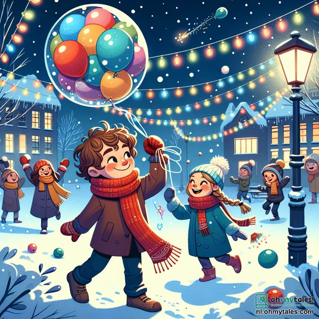Une illustration sous forme de dessin destinée aux enfants représentant un parc enneigé illuminé par des guirlandes colorées, avec un garçon de 10 ans aux cheveux bruns et bouclés, vêtu d'une écharpe rouge, qui sourit en tenant une grande ballon coloré rempli de vœux pour la nouvelle année, tandis qu'une fille aux cheveux blonds tressés et portant un manteau bleu lui lance une boule de neige, et d'autres enfants joyeux autour d'eux, tous impatients de célébrer ensemble le Nouvel An en libérant leurs ballons dans le ciel étoilé.