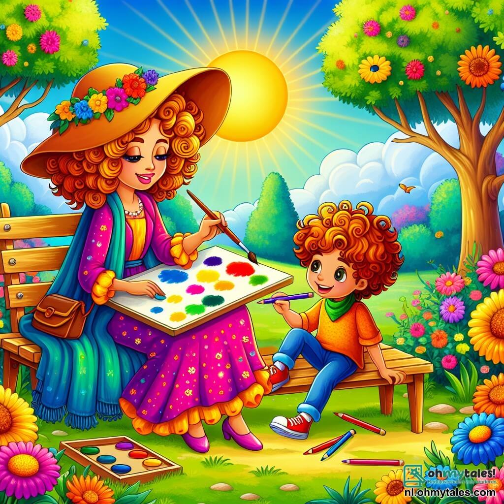 Une illustration sous forme de dessin destinée aux enfants représentant un parc ensoleillé, rempli de fleurs colorées et d'arbres majestueux, où une femme aux cheveux bouclés et à la robe éclatante de couleurs vives, assise sur un banc, peint avec enthousiasme sur un grand canevas, tandis qu'un jeune garçon aux cheveux frisés et portant un grand chapeau dessine avec des crayons de couleur à ses pieds, tous deux plongés dans leur créativité, partageant un moment joyeux et inspirant, entourés d'une atmosphère magique de camaraderie et d'imagination.