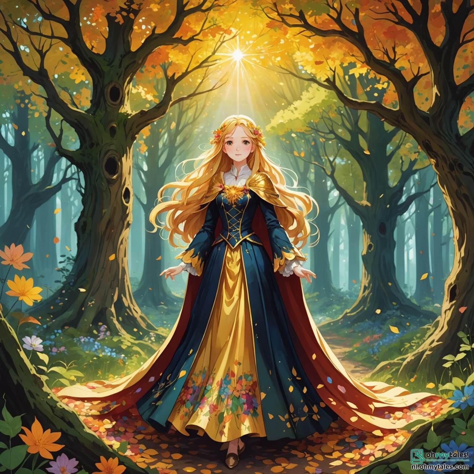 Une illustration destinée aux enfants représentant une femme au cœur pur, aux cheveux d'or scintillant comme les rayons du soleil, vêtue d'une robe faite de pétales de fleurs multicolores, se tenant au milieu d'une forêt enchantée où les arbres majestueux, aux troncs noueux et aux feuilles vibrantes, murmurent des secrets anciens, tandis qu'elle cherche à libérer un village de l'emprise d'une sorcière maléfique, entourée de courageux villageois, dont un jeune garçon au regard déterminé et une vieille femme sage, tous deux aux traits empreints de bonté, qui l'aident à surmonter les épreuves dans ce paysage féerique où des lucioles dansent dans l'air et où des fleurs aux couleurs éclatantes s'épanouissent sous un ciel étoilé.
