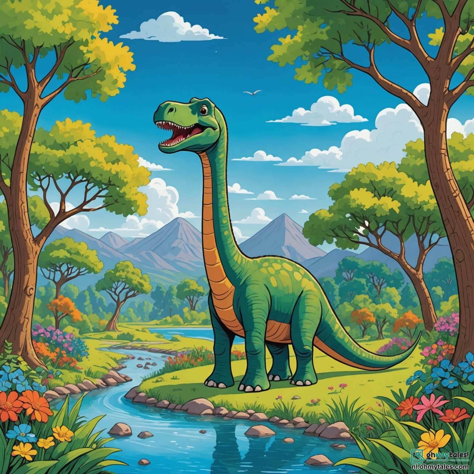 Une illustration destinée aux enfants représentant un majestueux diplodocus aux longues pattes et à la cou verte, se tenant fièrement au milieu d'un vaste et verdoyant paysage de Dino-Dal, où des arbres gigantesques aux feuilles éclatantes de couleurs vives s'élèvent vers le ciel azur, tandis que des fleurs multicolores dansent au gré du vent, et où le doux murmure d'une rivière scintillante serpente à travers le terrain, alors que ce gentil géant, accompagné de ses fidèles amis, une petite velociraptor espiègle et un triceratops joyeux, se lance dans une quête palpitante pour découvrir les légendaires Glibberige Bessen, des fruits sucrés et juteux, tout en apprenant l'importance de l'amitié et de l'entraide dans leur aventure.