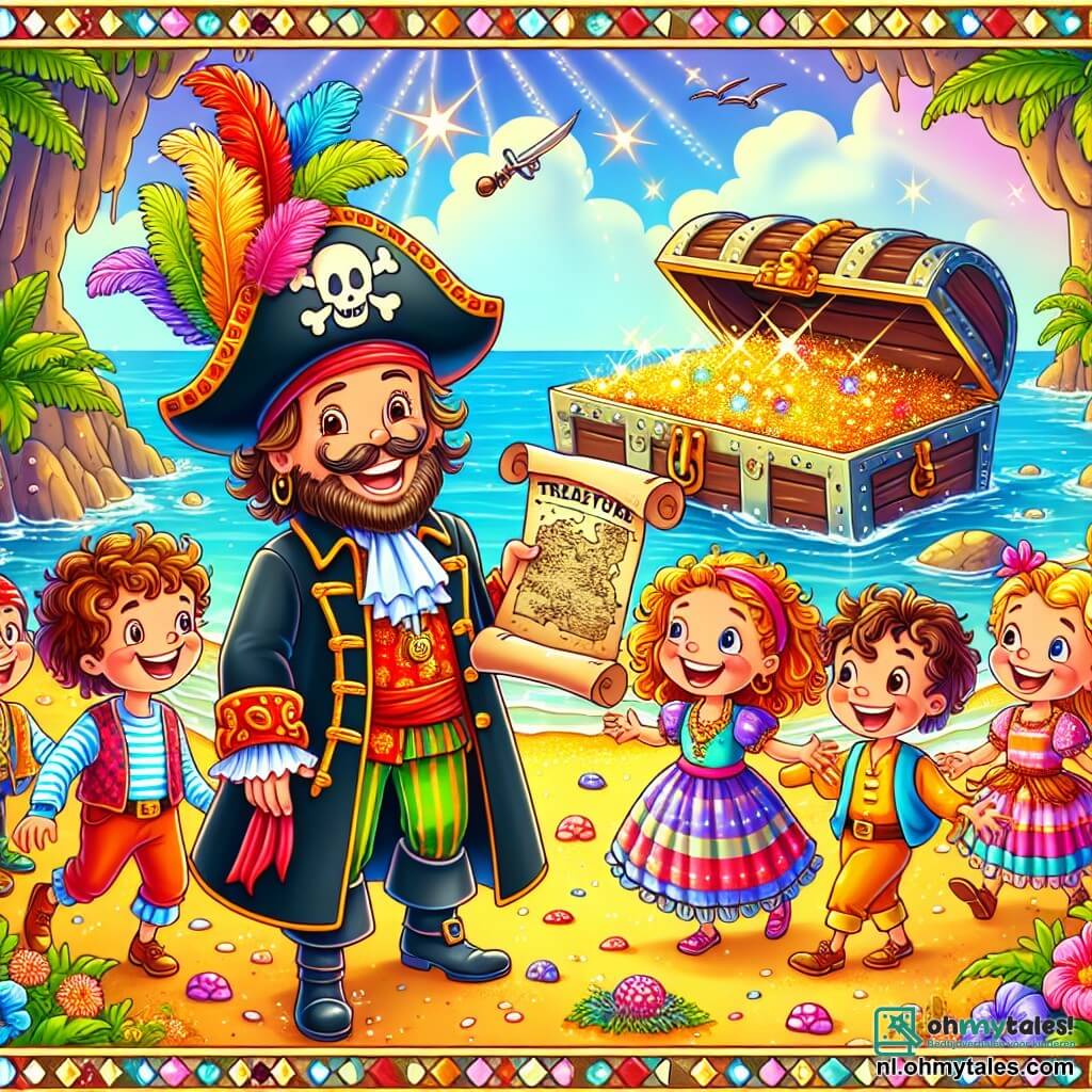 Une illustration sous forme de dessin destinée aux enfants représentant une scène vibrante sur la plage dorée de l'île mystérieuse, où un homme au grand sourire, portant un chapeau de pirate orné d'une plume colorée et une veste flamboyante, brandit une vieille carte au trésor, tandis qu'une jeune fille aux cheveux bouclés et à la robe colorée observe avec émerveillement, entourée de plusieurs garçons aux chapeaux excentriques qui dansent et chantent joyeusement, tous prêts à découvrir les secrets de la grotte cachée derrière eux, où se trouve une ancienne schatkist remplie de trésors scintillants.