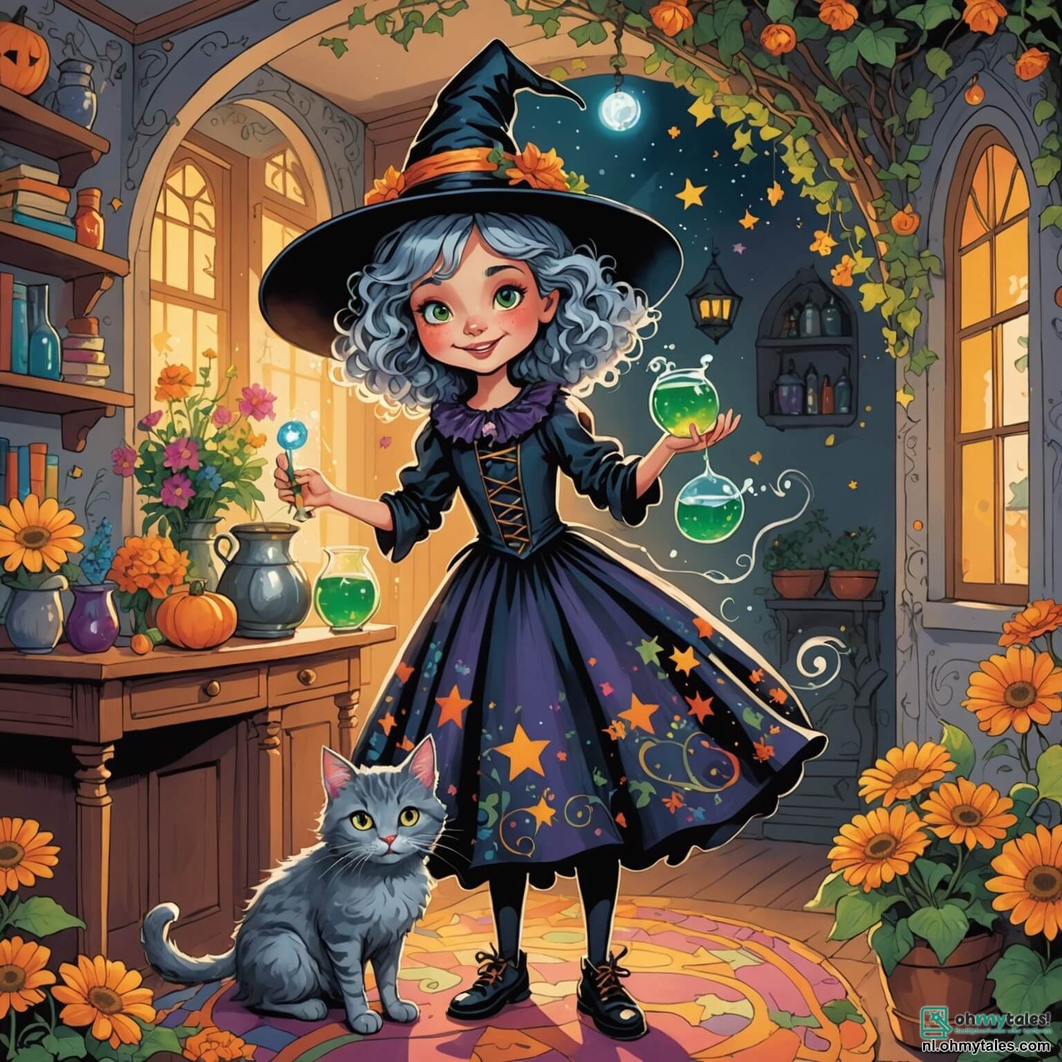 Une illustration destinée aux enfants représentant une sorcière joyeuse aux cheveux bouclés et colorés, vêtue d'une robe chatoyante ornée de motifs étoilés, se tenant dans sa maison enchanteresse, où les murs sont recouverts de fleurs éclatantes et de lianes scintillantes, entourée de son fidèle chat gris à l'air espiègle, tandis qu'elle s'affaire à concocter une potion pétillante qui, au lieu de provoquer des rires, a causé une explosion de couleurs et de magie, attirant l'attention d'une bande d'animaux curieux, dont un chien joyeux aux grandes oreilles et une bande de souris malicieuses, tous prêts à participer à une aventure hilarante au cœur de ce royaume féerique où le ciel est toujours d'un bleu éclatant et les arbres portent des bonbons.