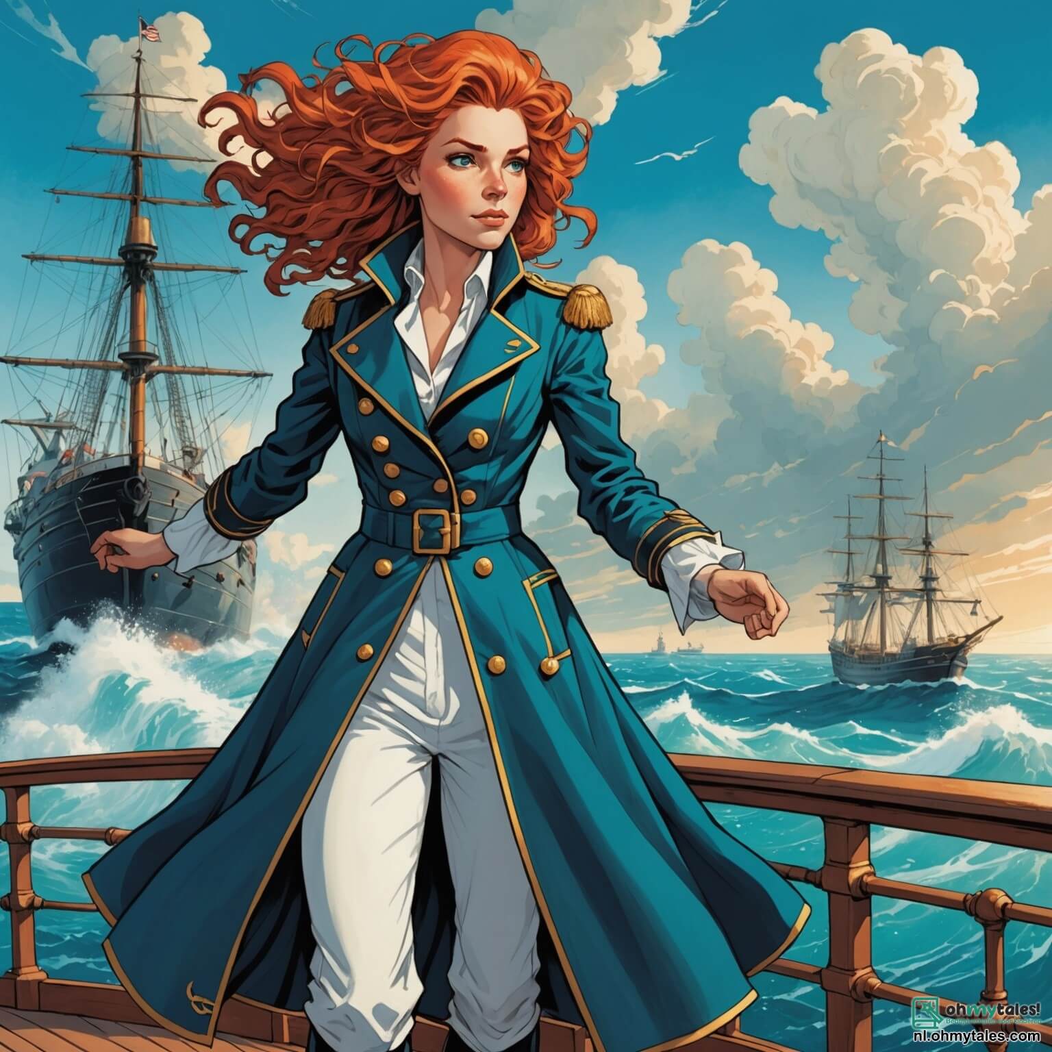 Une illustration destinée aux enfants représentant une intrépide capitaine aux cheveux flamboyants, vêtue d'une chemise blanche flottante et d'un long manteau bleu marine, se tenant fièrement sur le pont de son majestueux navire, la "Zonnestraal", qui fend les vagues scintillantes d'une mer turquoise sous un ciel ensoleillé, tandis qu'elle scrute l'horizon à la recherche d'une légendaire trésor caché sur une île mystérieuse, entourée de ses fidèles compagnons : un jeune garçon astucieux aux yeux pétillants, le navigateur qui déchiffre les cartes anciennes, et une courageuse fille à la forte carrure, la cuisinière du navire, tous trois prêts à affronter les tempêtes et les créatures marines dans cette quête palpitante au cœur d'une nature sauvage, où les palmiers dansent au gré du vent et les oiseaux colorés chantent des mélodies enjouées.