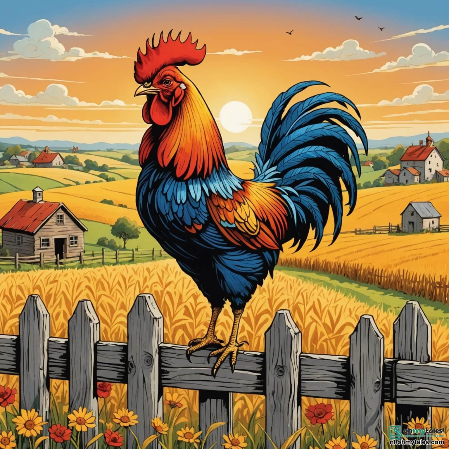 Une illustration destinée aux enfants représentant un coq flamboyant aux plumes éclatantes comme un lever de soleil, se tenant fièrement sur une vieille barrière en bois usée par le temps, dans une ferme pittoresque entourée de champs dorés de blé ondulant doucement sous la brise, où il se prépare à réveiller ses amis, une petite souris rusée aux yeux pétillants et un adorable porcelet au sourire contagieux, pour une aventure palpitante à la découverte d'un mystère caché sous l'ombre d'un grand chêne majestueux, dont les branches s'étendent comme des bras protecteurs, abritant des secrets enchanteurs et des histoires oubliées.