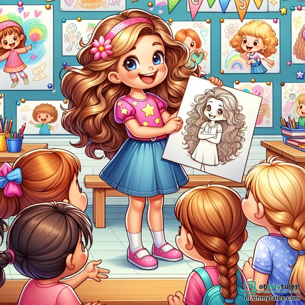 Une illustration sous forme de dessin destinée aux enfants représentant une salle de classe colorée avec des murs ornés de dessins d'enfants, où une fille de 7 ans aux longs cheveux bruns et bouclés, portant un T-shirt rose avec des étoiles et un spijkerrokje, se tient joyeusement au centre en montrant son esquisse à ses camarades, tandis qu'une autre fille aux cheveux blonds tressés, vêtue d'une robe bleue, l'observe avec admiration, et plusieurs autres enfants aux expressions enthousiastes se rassemblent autour d'elles, créant une atmosphère d'excitation et de camaraderie pour célébrer leur première journée d'école.