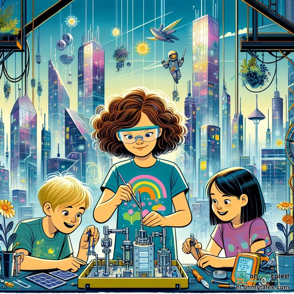 Une illustration sous forme de dessin destinée aux enfants représentant une ville futuriste, avec des gratte-ciels en verre scintillant et des jardins suspendus, où une fille de 11 ans aux cheveux bouclés et bruns, portant un t-shirt coloré et des lunettes de protection, est en train de construire une petite centrale énergétique avec des panneaux solaires et des amis, un garçon aux cheveux blonds et une fille aux cheveux noirs, tous deux souriants et concentrés sur leur projet, illustrant l'esprit de collaboration et d'innovation pour un avenir durable.