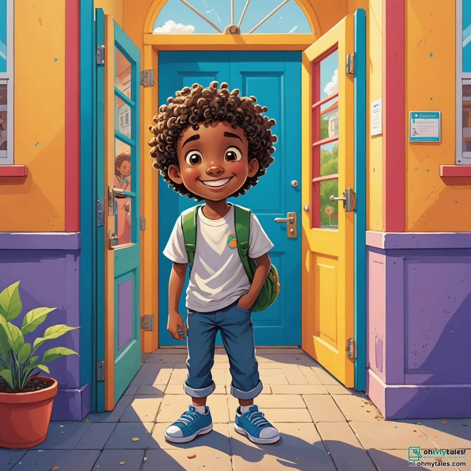 Une illustration destinée aux enfants représentant un garçon au sourire éclatant et aux yeux pétillants de curiosité, se tenant au seuil d'une grande école aux murs colorés et aux fenêtres ensoleillées, où des enfants de tous horizons, dont une fille aux cheveux bouclés et une autre aux tresses, s'amusent dans la cour de récréation, tandis que le garçon, un peu nerveux mais déterminé, se prépare à surmonter ses doutes et à se faire des amis, découvrant ainsi la magie de la confiance en soi au milieu des rires et des jeux qui résonnent autour de lui.