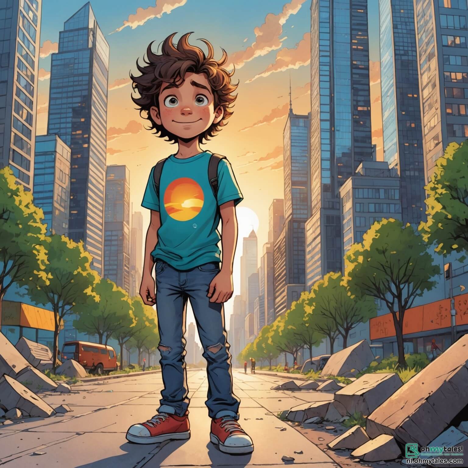 Une illustration destinée aux enfants représentant un garçon aux cheveux ébouriffés et aux yeux pétillants de curiosité, vêtu d'un t-shirt coloré et d'un pantalon déchiré, se tenant au milieu d'une ville moderne où les gratte-ciels scintillent comme des géants de verre sous le soleil couchant, tandis qu'il découvre une pierre magique enfouie dans le parc, entouré de son meilleur ami, un garçon intrépide au sourire éclatant, et d'une dragonne bienveillante au pelage chatoyant qui veille sur eux, le tout dans une atmosphère vibrante où la réalité se mêle à la magie, les couleurs éclatantes des fleurs et des lumières de la ville créant un tableau enchanteur d'aventures urbaines.