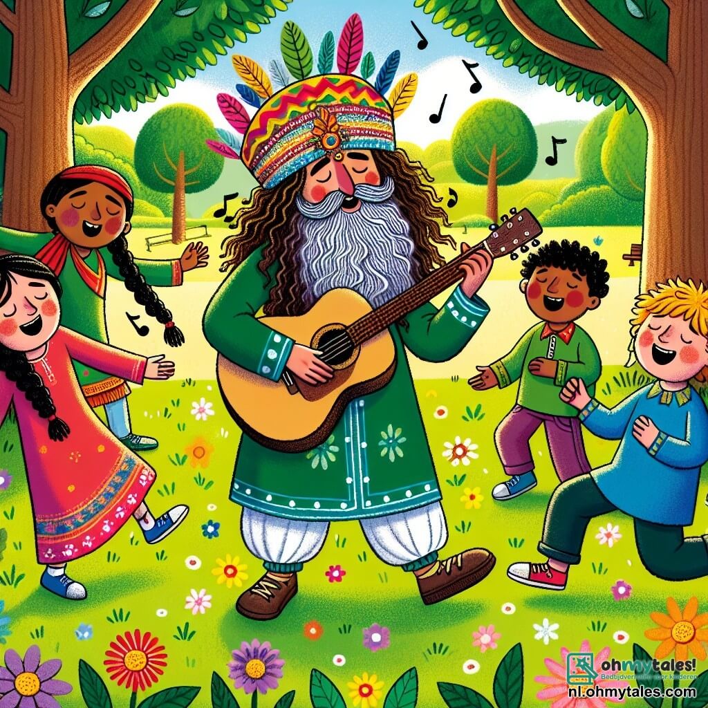 Une illustration sous forme de dessin destinée aux enfants représentant un charmant parc ensoleillé, avec des arbres aux feuilles vertes vibrantes et des fleurs colorées, où un homme à la longue barbe frisée et portant une joyeuse chapeau orné de plumes joue de la guitare, entouré de trois enfants : une fille aux cheveux tressés qui danse, un garçon souriant qui mime un solo de guitare avec enthousiasme, et une autre fille aux boucles dorées qui chante avec passion, tous réunis pour créer ensemble une mélodie joyeuse qui célèbre l'amitié et la musique.