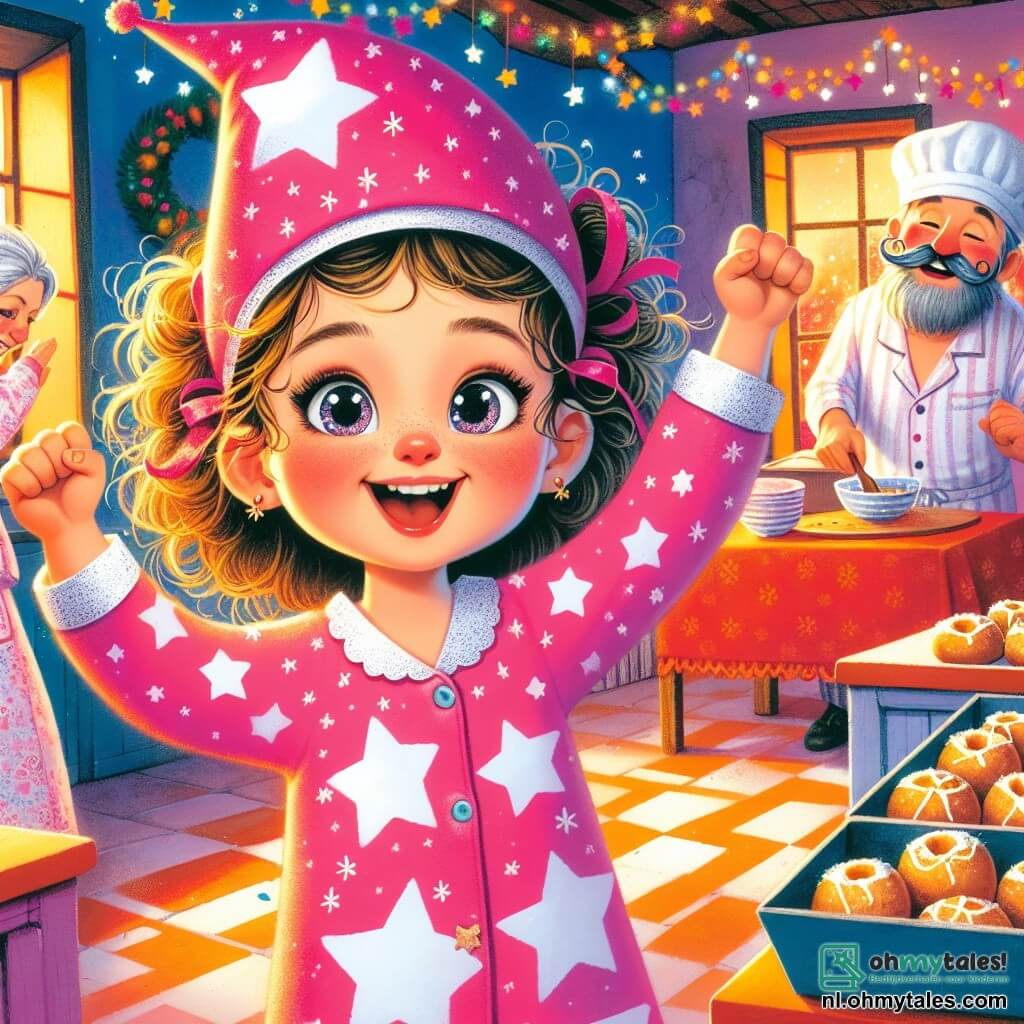Une illustration destinée aux enfants représentant une petite fille aux yeux pétillants et aux cheveux bouclés, vêtue d'une pyjama rose parsemé d'étoiles blanches, qui s'active joyeusement dans une cuisine chaleureuse aux murs colorés, où l'odeur sucrée des oliebollen fraîchement cuits embaume l'air, entourée de son papa amusant portant une drôle de moustache en papier et d'une maman souriante qui prépare la table pour accueillir leurs voisins, tous impatients de célébrer ensemble la magie du nouvel an dans une ambiance festive et lumineuse, où les rires et les chants résonnent comme des étoiles scintillantes dans la nuit.