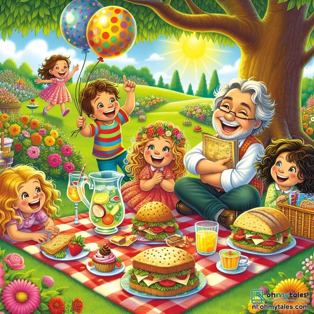 Illustratie van een vrolijke scène in een zonnige tuin, vol kleurrijke bloemen en een grote schaduwrijke boom. In het midden ligt een groot rood geruit plaid op het groene gras, versierd met heerlijke sandwiches, kleurrijke cupcakes en een karaf sprankelende limonade. Een zesjarig jongetje met rommelig bruin haar en een brede glimlach zit op het plaid, met een schatkaart in zijn handen en sprankelende ogen van opwinding. Naast hem lacht een zesjarig meisje met krullend blond haar en een kleurrijke jurk terwijl ze naar de lucht wijst, vol enthousiasme. Op de achtergrond komt een man van middelbare leeftijd met een lichte baard en een bril de tuin binnen, verrast en blij, terwijl andere kinderen, een jongen met kastanjebruin haar en een meisje met zwart haar, zich achter de struiken verstoppen, klaar om "Verrassing!" te roepen. De sfeer is gevuld met vreugde en kameraadschap, met zwevende ballonnen en zonnestralen die de scène verlichten, wat de geest van Vaderdag vastlegt.