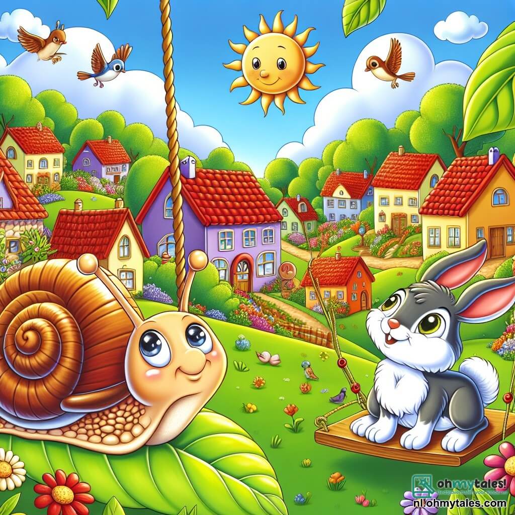 Illustratie van een charmant zonnig dorp, met kleurrijke huizen met rode tegel daken, omringd door velden met stralende bloemen en grote groene bomen. Op de voorgrond staat een kleine slak met een glanzende spiraalvormige schelp en sprankelende ogen op een groot blad, nieuwsgierig en enthousiast, klaar om te springen op een schommel gemaakt van takken en bladeren. Naast hem duwt een jonge konijn met grote oren en een zachte vacht, met een blije glimlach, de schommel energiek, terwijl een groep dieren, zoals kleurrijke vogels en ondeugende eekhoorns, hen bewonderend aankijkt. De scène straalt een sfeer van vreugde en vriendschap uit, met gelach en blijdschap, terwijl de zon hoog aan de blauwe lucht schijnt, wat een feestelijke en speelse sfeer creëert.
