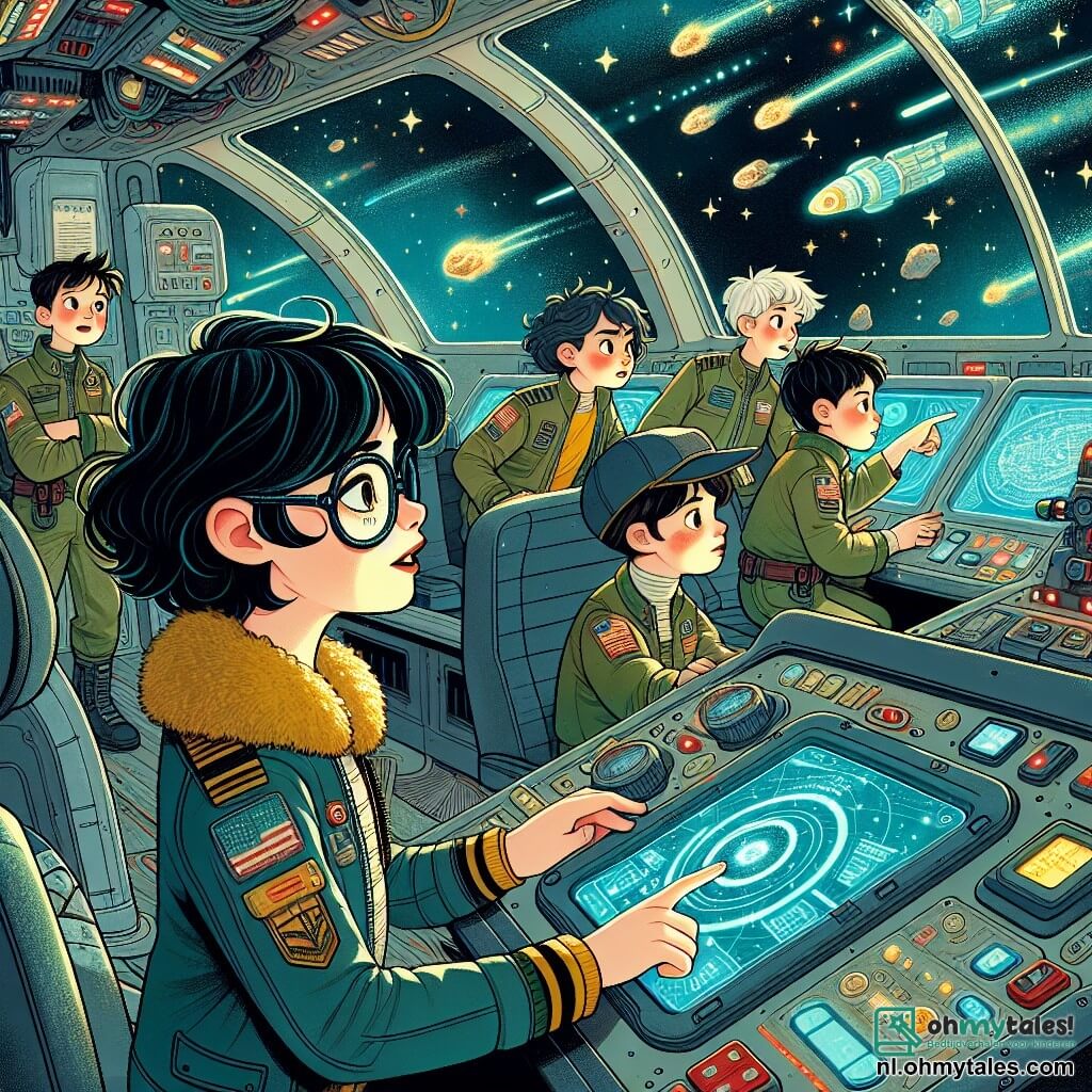Une illustration sous forme de dessin destinée aux enfants représentant l'intérieur du vaisseau spatial Stella Nova, avec une femme pilote courageuse aux cheveux noirs flottants, concentrée sur le tableau de bord, entourée de ses camarades : un garçon technicien aux lunettes épaisses vérifiant des écrans, une fille navigatrice pointant une carte holographique, et deux garçons jumeaux, l'un surveillant les scanners et l'autre tenant un équipement de sécurité, alors qu'ils se préparent à entrer dans la mystérieuse Orion-gordel, remplie d'astéroïdes scintillants et d'étoiles brillantes, illustrant l'excitation et le danger de leur mission de sauvetage.