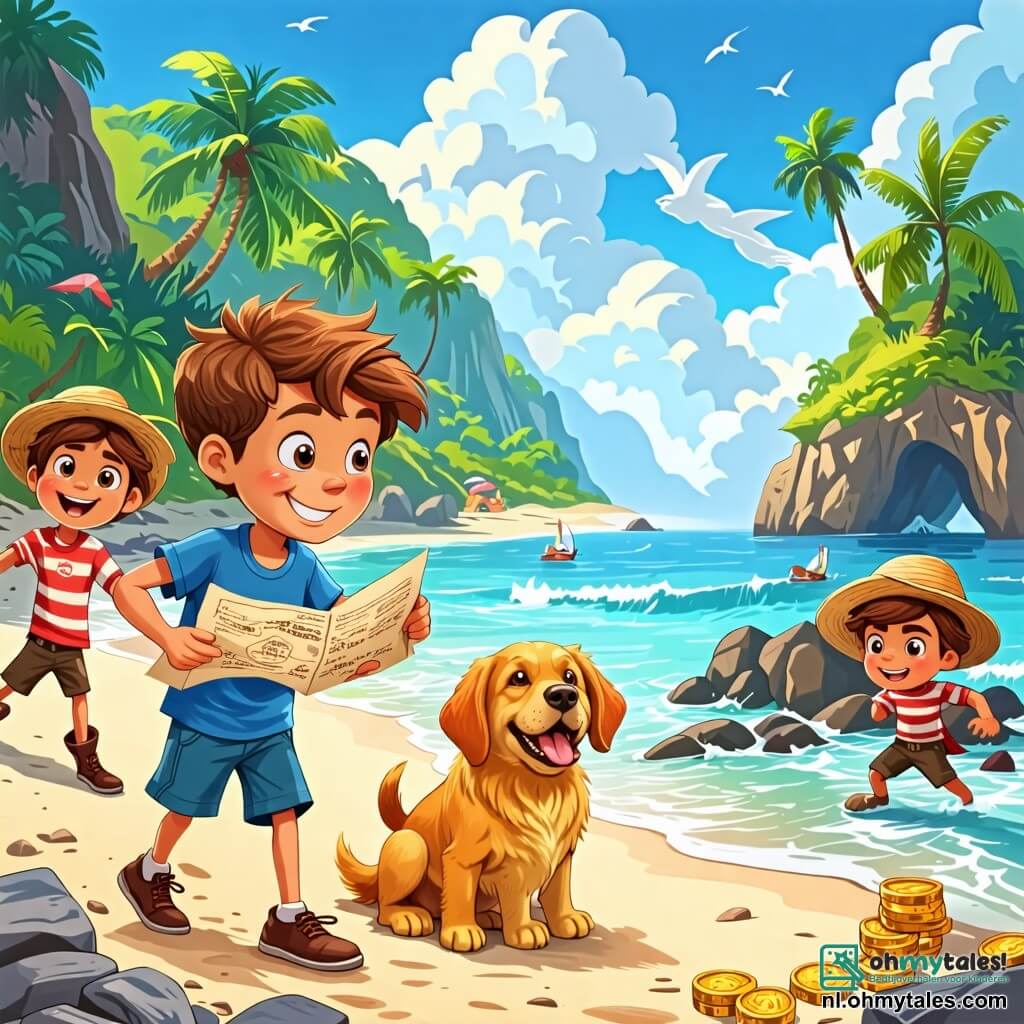 Une illustration sous forme de dessin destinée aux enfants représentant une scène vibrante sur une plage ensoleillée de l'île mystérieuse, avec un garçon aux cheveux bruns ébouriffés, portant un t-shirt bleu et un short, qui tient une carte au trésor dans ses mains, tandis qu'à ses côtés, un golden retriever au pelage doré, joyeux et curieux, renifle le sol, et en arrière-plan, une bande de pirates aux visages hargneux, vêtus de chemises rayées et de chapeaux de paille, s'approchant avec des expressions menaçantes, alors que le garçon et son chien se préparent à défendre leur découverte d'une ancienne caverne remplie de trésors scintillants.
