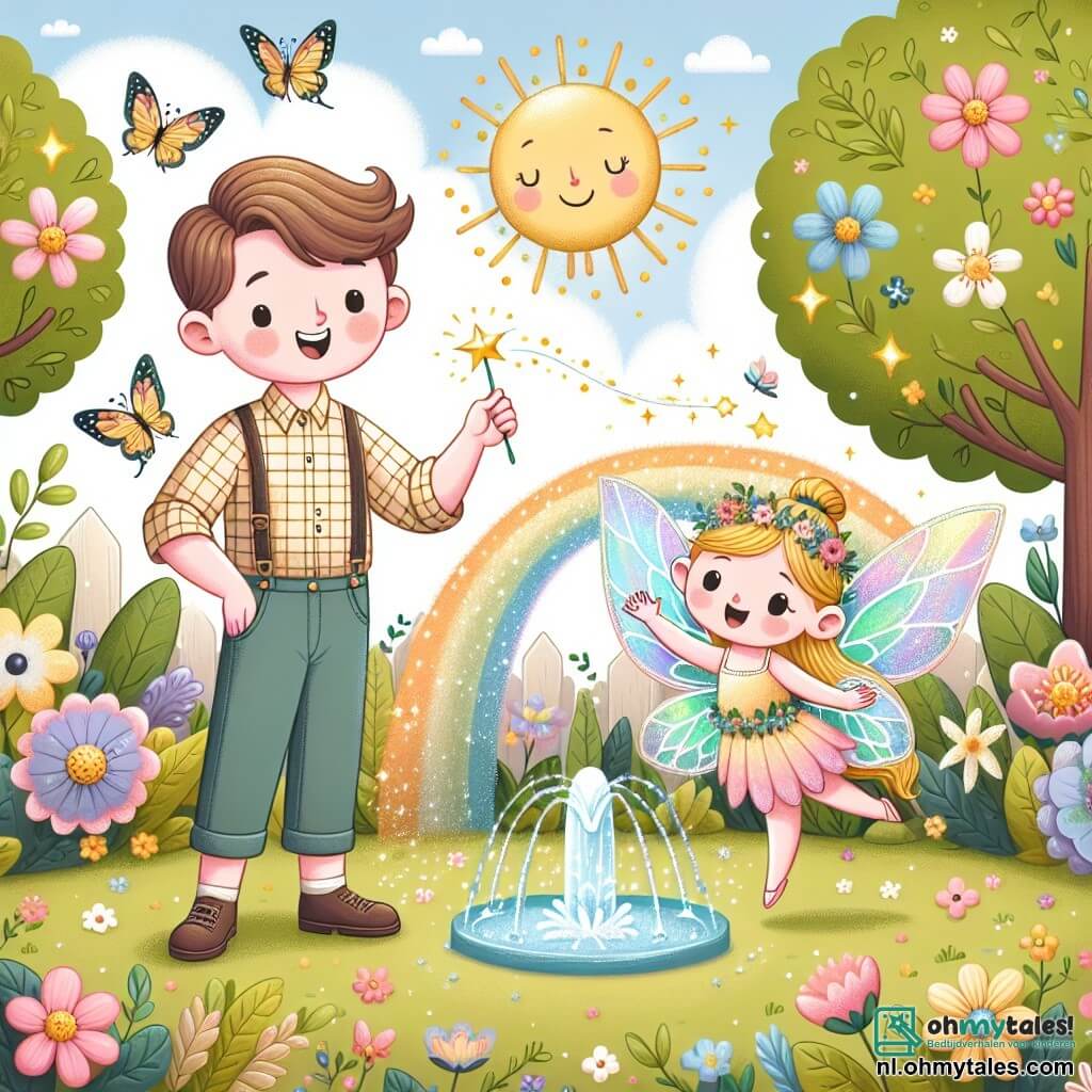 Une illustration sous forme de dessin destinée aux enfants représentant un magnifique bosquet enchanté avec des fleurs colorées et des oiseaux chantants, où un homme au visage souriant, portant une chemise à carreaux et un pantalon en toile, se tient près d'une fontaine scintillante, tandis qu'une petite fée aux ailes iridescentes, avec des cheveux dorés et une robe faite de pétales, lève sa baguette magique pour faire briller le soleil, symbolisant la magie et l'amitié dans leur quête pour rendre la fontaine heureuse.