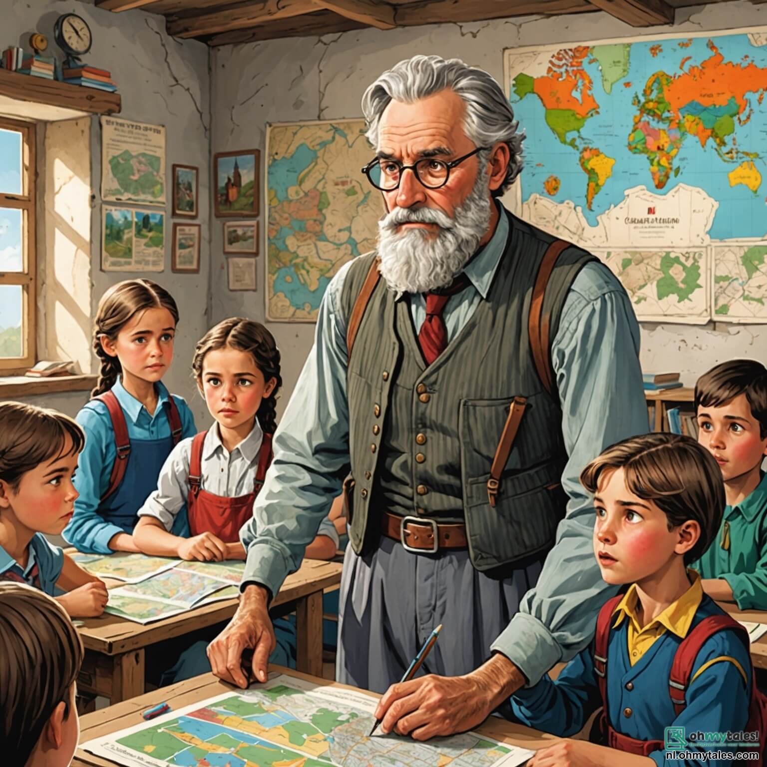 Une illustration destinée aux enfants représentant un homme à la barbe grise et au visage bienveillant, debout dans une salle de classe lumineuse aux murs ornés de dessins colorés et de cartes anciennes, entouré de jeunes élèves curieux, dont une fille aux cheveux tressés et un garçon aux lunettes, alors qu'il leur raconte avec passion les histoires poignantes de la guerre, évoquant des souvenirs de courage et de solidarité, dans un petit village pittoresque où les maisons en pierre aux volets peints de couleurs vives sont entourées de champs verdoyants et de collines ondulantes, créant un contraste saisissant entre l'innocence de l'enfance et les leçons difficiles du passé.