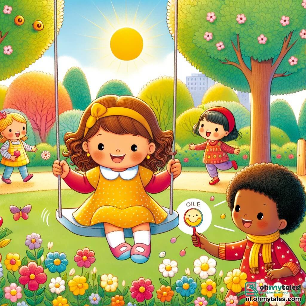 Une illustration sous forme de dessin destinée aux enfants représentant un parc ensoleillé avec des arbres verdoyants et des fleurs colorées, où une petite fille de 3 ans aux cheveux bruns et bouclés, vêtue d'une robe jaune, est en train de jouer sur une balançoire, souriante et pleine de vie, tandis qu'à côté d'elle, une petite fille de 4 ans portant une jolie écharpe rouge et ayant la peau foncée, l'observe avec un grand sourire, et ensemble, elles s'apprêtent à inviter d'autres enfants de différentes origines ethniques à se joindre à leur jeu, illustrant ainsi la beauté de l'amitié et de la diversité.