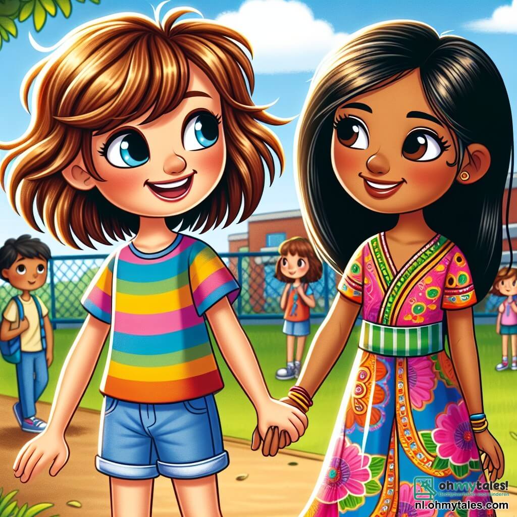 Une illustration sous forme de dessin destinée aux enfants représentant une scène dans une cour d'école ensoleillée, où une fille de 11 ans aux cheveux châtains en désordre et au sourire éclatant, vêtue d'un t-shirt coloré et d'un short, se tient main dans la main avec une fille de 11 ans d'origine asiatique, portant une jolie robe traditionnelle à motifs, alors qu'elles partagent des histoires et rient ensemble, entourées de camarades de classe curieux, illustrant la beauté de l'amitié et de la tolérance entre différentes cultures.