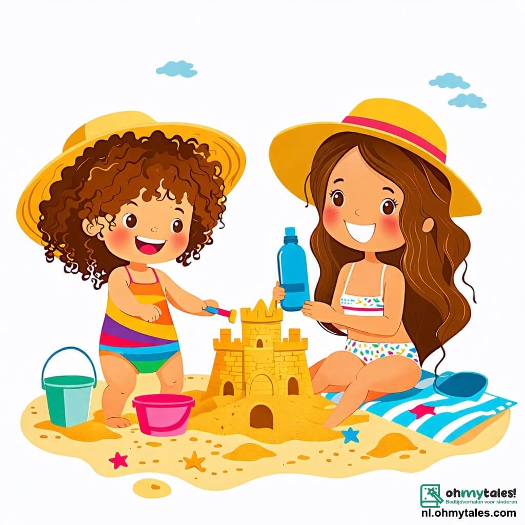 Une illustration sous forme de dessin destinée aux enfants représentant une plage ensoleillée avec du sable doré et des vagues douces, où une petite fille de 2 ans aux cheveux bouclés et aux yeux pétillants, vêtue d'un maillot de bain coloré, s'amuse à construire un château de sable avec un seau et une pelle, tandis qu'une maman souriante aux cheveux longs et bruns, portant un chapeau de soleil, s'assoit sur une serviette à proximité, tenant une bouteille d'eau, le tout dans une ambiance joyeuse et estivale.