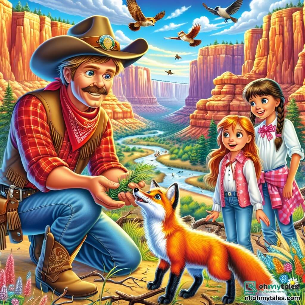 Illustratie van een uitgestrekte kloof met felle kleuren, met majestueuze rode en oranje rotsen onder een helderblauwe lucht met witte wolken. Op de voorgrond leunt een dappere man met een grote cowboyhoed, een rood geruite blouse en denim broek met een warme glimlach om een jonge vos te helpen die vastzit tussen takken. Naast hem staat een meisje van ongeveer 10 jaar met lange, gevlochten bruine haren, gekleed in een witte blouse en jeans, dat de scène met glinsterende ogen van opwinding observeert. Een andere jongen van ongeveer 12 jaar met rommelige blonde haren en een rode bandana om zijn nek staat klaar om te helpen, terwijl hij een tak vasthoudt om de weg vrij te maken. De belangrijkste situatie toont de geest van samenwerking en avontuur, met details zoals vogels die in de lucht vliegen en kleurrijke wilde bloemen die op de grond groeien.