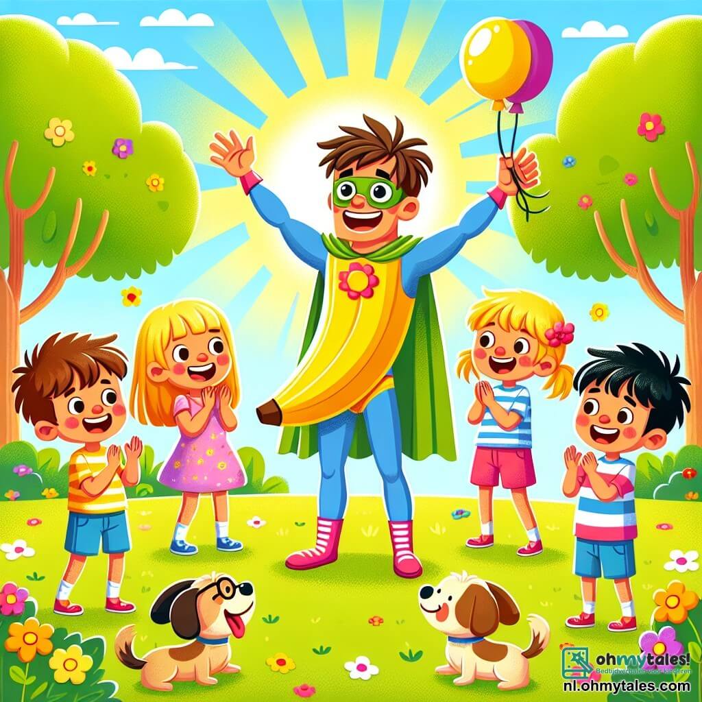 Illustratie van een vrolijke scène in een zonnig park, met groene bomen en kleurrijke bloemen die in de wind dansen. In het midden staat een glimlachende man met rommelig bruin haar en een kleurrijke superheldenoutfit, met zijn armen omhoog in een overwinningstegebaar, nadat hij weer mens is geworden na een transformatie van een banaan. Om hem heen staat een groep van vier kinderen, ongeveer 7 tot 10 jaar oud, die hun vreugde uiten: een meisje met blond haar en een mooie roze jurk, een jongen met een bril en een gestreept t-shirt, een ander meisje met twee staartjes en een kleurrijke short, en een jongen met zwart haar en een stralende glimlach. Ze applaudisseren en lachen, verwonderd door de transformatie van de superheld. De hoofdscène toont de man, nog een beetje geel van zijn vorige transformatie, omringd door gelach en applaus, terwijl een nieuwsgierig hondje zich naar hem toe beweegt, met zijn hoofd scheef, alsof hij probeert te begrijpen wat er gebeurt. Kleurrijke ballonnen zweven in de lucht en voegen een feestelijke touch toe aan deze levendige en vrolijke scène.