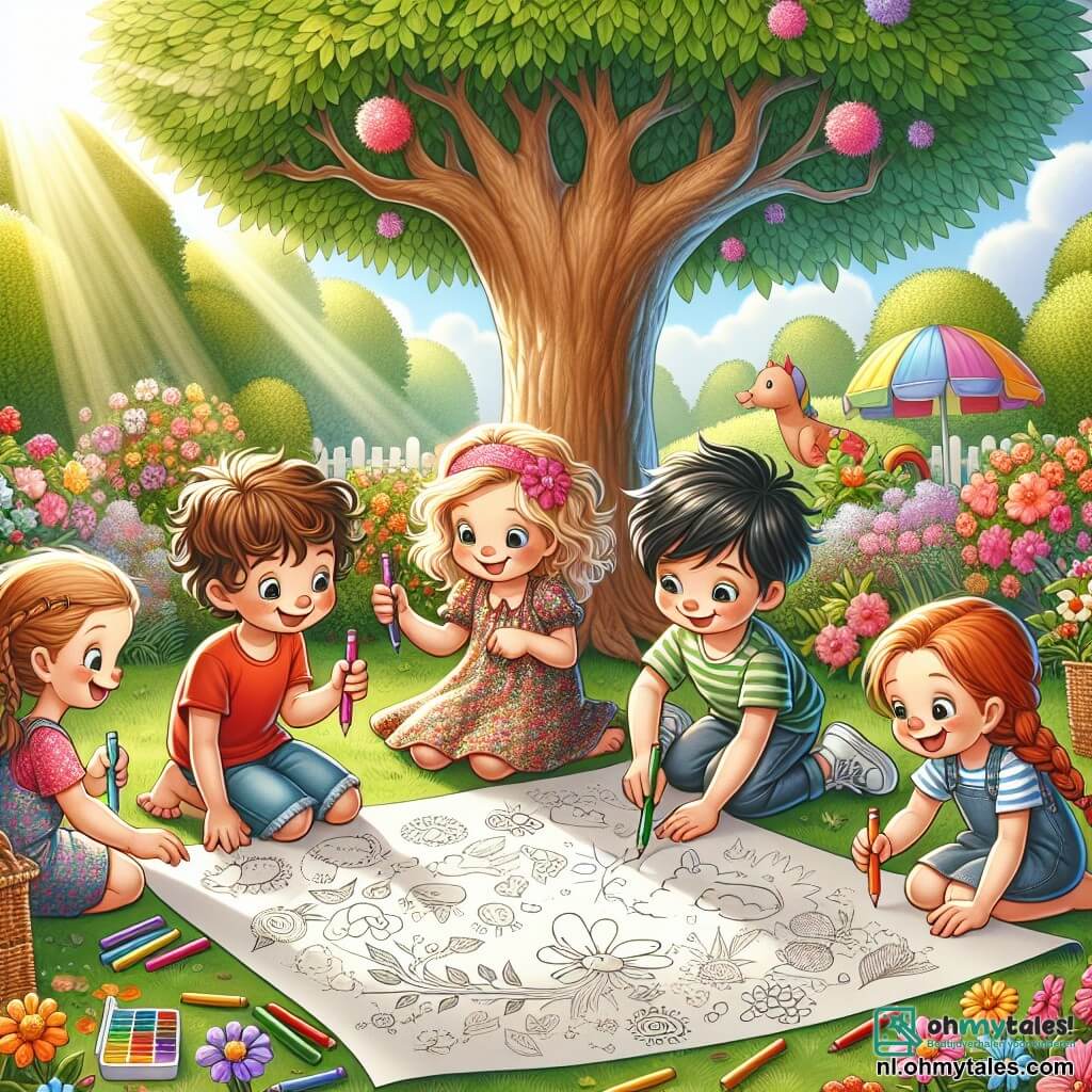 Illustratie van een zonnige scène in een groene tuin, met kleurrijke bloemen en een grote boom in het midden. Op de voorgrond zijn vier kinderen, twee jongens en twee meisjes, samengekomen rond een groot vel papier waarop ze tekenen. De eerste jongen, ongeveer negen jaar oud, heeft rommelig bruin haar en draagt een rode t-shirt. Hij glimlacht terwijl hij een potlood vasthoudt. Het tweede meisje, ook negen jaar oud, heeft gevlochten blond haar en draagt een bloemenjurk. Ze kijkt aandachtig naar de tekening. De derde jongen, met zwart haar en een bril, is aan het kleuren met stiften. Ten slotte lacht het vierde meisje, met kastanjebruin en krullend haar, terwijl ze haar tekening aan haar vrienden laat zien. Op de achtergrond zijn verspreide speeltjes en een picknickmand te zien, wat een vrolijke en speelse sfeer aan de scène toevoegt. De kinderen zijn bezig met een creatieve activiteit, wat hun ontdekking van een wereld zonder schermen illustreert, vol met lachen en vriendschap.