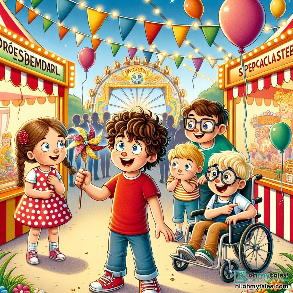 Une illustration sous forme de dessin destinée aux enfants représentant une scène colorée de la kermesse de Droesemdal, avec un groupe de quatre enfants de 7 ans : un garçon aux cheveux bruns et bouclés, portant un t-shirt rouge, qui tient une petite et brillante boutonnière dans ses mains, une fille aux cheveux blonds et tressés, vêtue d'une robe à pois, qui regarde avec curiosité, un garçon aux lunettes et un sourire malicieux, en train de pointer vers une grande tente de spectacle, et un autre garçon en fauteuil roulant, souriant et enthousiaste, tous ensemble en train de chercher des indices pour résoudre le mystère de la disparition de la cape du magicien, entourés de ballons colorés et de lumières scintillantes.