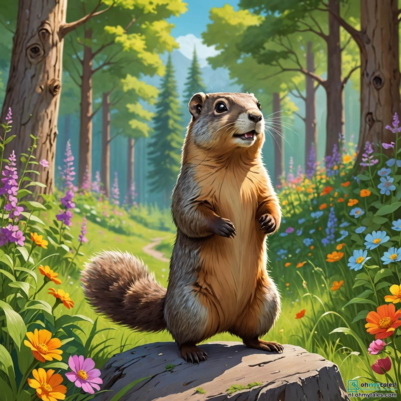 Une illustration destinée aux enfants représentant une petite marmotte au pelage doux et brun, avec de grands yeux pétillants de malice, se tenant sur ses pattes arrière au bord d'une clairière ensoleillée, entourée de fleurs colorées et de grands arbres aux feuilles vertes dansantes au gré du vent, alors qu'elle propose à ses amis, un écureuil espiègle aux poils soyeux et un lapin aux grandes oreilles, de participer à une course palpitante vers la rivière scintillante, où les rayons du soleil se reflètent sur l'eau claire comme des milliers de diamants, promettant des rires et des aventures inoubliables dans ce monde magique de la forêt.