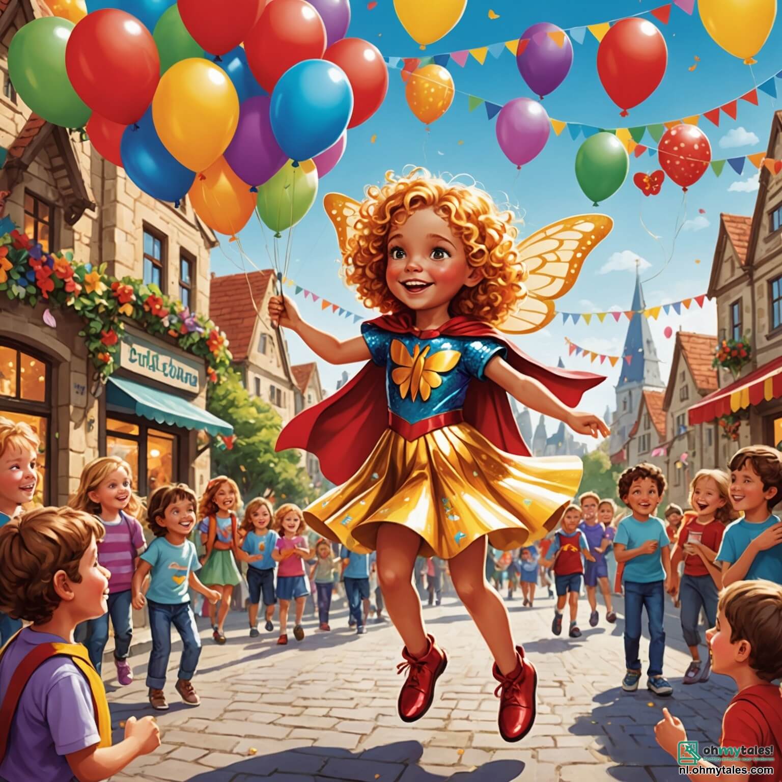 Une illustration destinée aux enfants représentant une petite fille aux cheveux bouclés et dorés, vêtue d'un costume chatoyant de papillon aux ailes multicolores scintillantes, dans un village en fête où les rues sont ornées de guirlandes de fleurs éclatantes et de ballons flottants, entourée de son ami espiègle, un garçon vêtu d'une cape de super-héros rouge, alors qu'ils dansent joyeusement au milieu d'une foule de personnages colorés, tels que des clowns rieurs et des princesses étincelantes, sous un ciel bleu azur parsemé de confettis qui tombent comme des étoiles, créant une atmosphère magique et festive de carnaval.