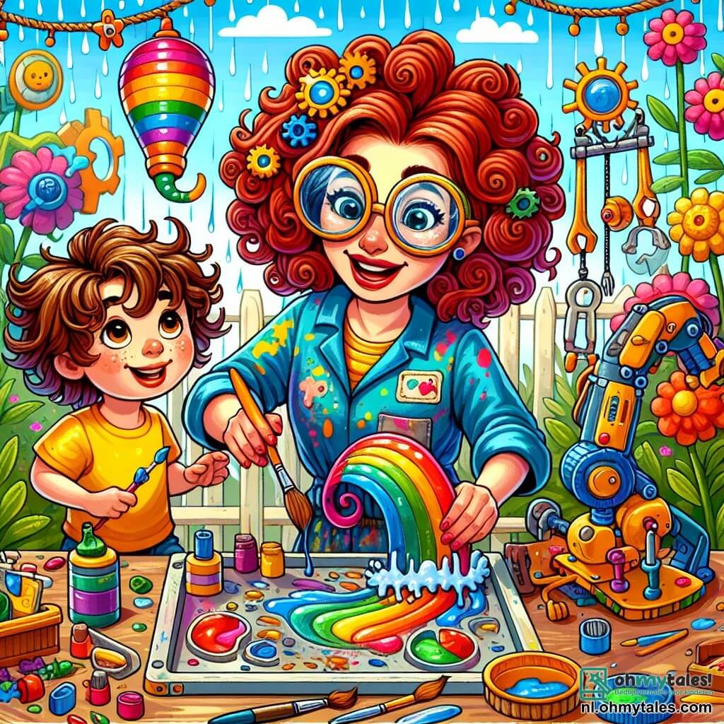 Illustratie van een levendige scène in een tuin vol kleurrijke uitvindingen. In het midden staat een vrouw met krullend, rood haar en een grote ronde bril, gebogen over een glijbaan in de vorm van een regenboog, met een stralende glimlach op haar gezicht. Ze draagt een blauwe werkjas met verfspatten en houdt een kwast in de ene hand, terwijl ze met de andere de glijbaan aanpast. Naast haar staat een jongen van ongeveer negen jaar met rommelig bruin haar en een felgele t-shirt, die vol verwondering toekijkt. Hij heeft sprankelende ogen van nieuwsgierigheid en houdt een klein gereedschap in zijn hand, klaar om te helpen. De scène toont de vrouw en de jongen die samen werken om de glijbaan af te maken, omringd door verschillende gereedschappen en materialen die om hen heen verspreid liggen. Op de achtergrond voegen kleurrijke bloemen en leuke machines, zoals een sproeirobot en een drakenwip, een vleugje magie toe aan de omgeving. De lucht is blauw met enkele witte wolken, wat een mooie zomerdag suggereert, perfect voor uitvinding en plezier.