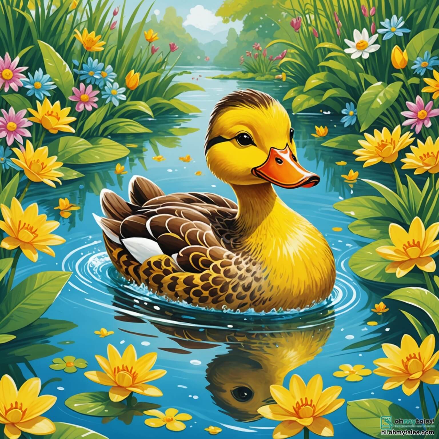 Une illustration destinée aux enfants représentant un canard joyeux aux plumes éclatantes de jaune, nageant avec entrain dans une paisible et scintillante étendue d'eau entourée de verdoyantes jonchées de fleurs colorées, où il se prépare avec enthousiasme à participer à une course palpitante, accompagné de ses fidèles amis, une malicieuse canne et un curieux lapin, tous deux impatients de vivre des aventures amusantes au cœur de ce charmant village animalier.