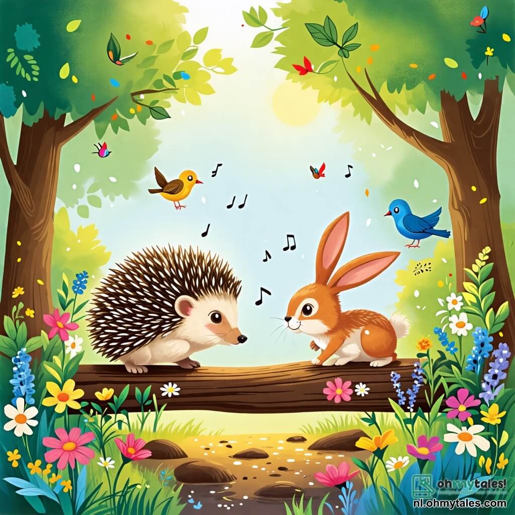 Une illustration sous forme de dessin destinée aux enfants représentant une clairière ensoleillée dans une forêt verdoyante, où un petit hérisson aux piquants brillants et aux yeux pétillants construit une passerelle en bois avec un joyeux lapin aux grandes oreilles et à la fourrure douce, tandis qu'ils s'entraident pour traverser une boue glissante, entourés de fleurs colorées et d'oiseaux chantants, illustrant l'importance de l'amitié et de la coopération.