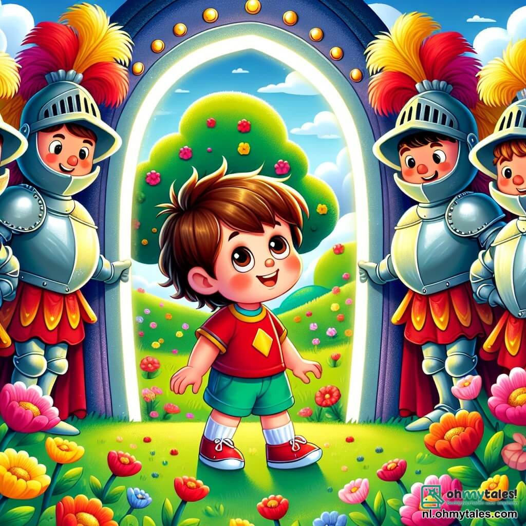 Une illustration sous forme de dessin destinée aux enfants représentant un champ verdoyant parsemé de fleurs colorées, où un garçon de 4 ans aux cheveux bruns et aux yeux pétillants, portant un t-shirt rouge et un short bleu, se tient émerveillé devant une grande porte ronde scintillante, tandis qu'un groupe de rieurs chevaliers en armure brillante, avec des plumes colorées sur leurs casques, l'entoure, l'invitant à les rejoindre pour un grand festin au château, illustrant ainsi le début d'une aventure magique à travers le temps.