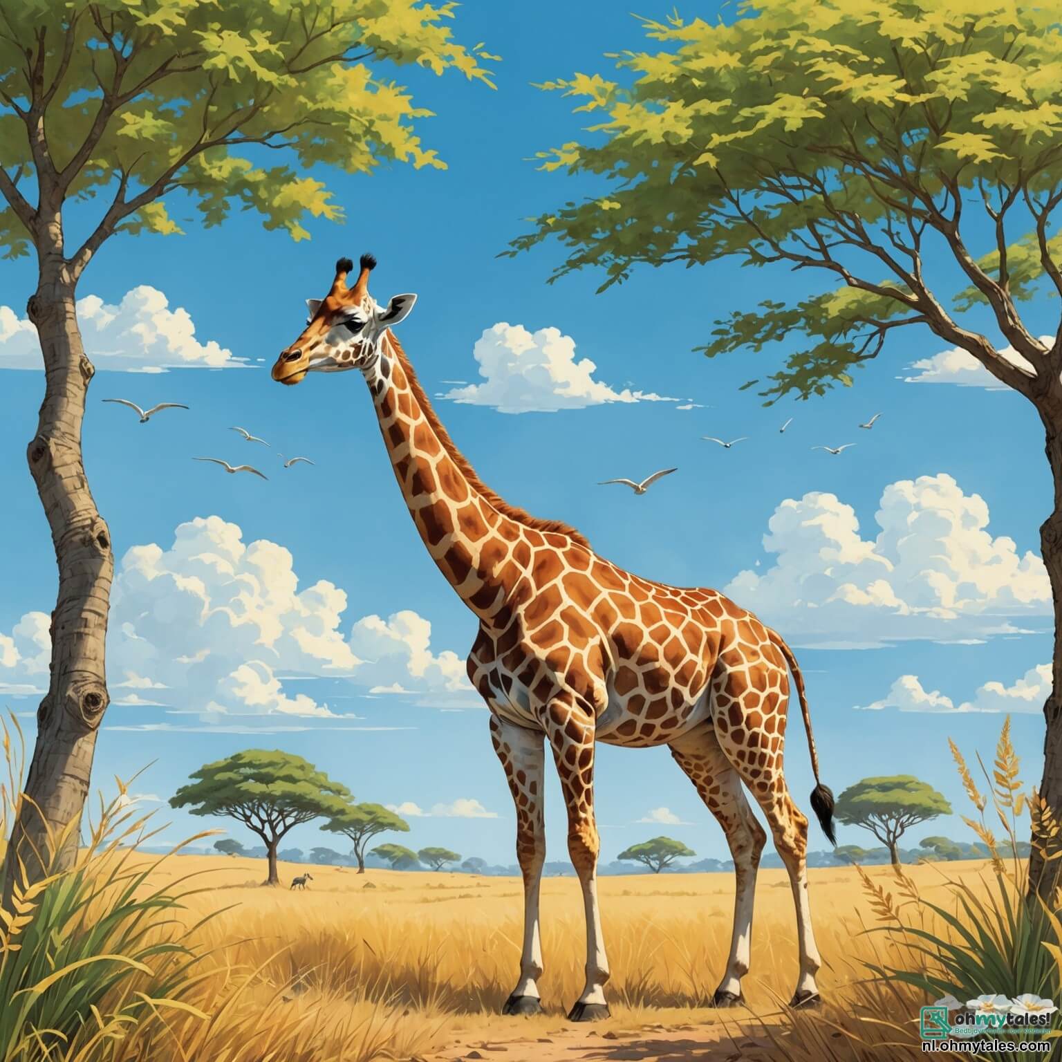 Une illustration destinée aux enfants représentant une majestueuse girafe au long cou, se tenant fièrement sous le ciel azur de la savanne, entourée de vastes étendues d'herbes dorées ondulant doucement au gré du vent, tandis que des acacias aux feuilles vertes et délicates se dressent comme des ombrelles géantes, et où, avec son ami inséparable, un zèbre aux rayures éclatantes, elle rêve d'aventures lointaines et de découvertes scintillantes, tout en se préparant à quitter son paisible habitat pour explorer les merveilles du monde au-delà de l'horizon.