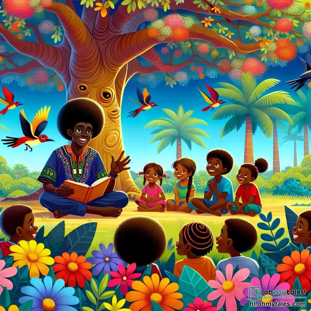Une illustration sous forme de dessin destinée aux enfants représentant une scène vibrante dans une savane africaine, où un jeune homme d'une vingtaine d'années, avec des cheveux crépus et un sourire chaleureux, est assis sous un grand baobab, entouré de fleurs colorées, en train de raconter des histoires à un groupe d'enfants joyeux, dont une fille aux tresses et un garçon aux yeux pétillants, tous captivés par ses paroles, tandis que des oiseaux colorés volent dans le ciel bleu et que des animaux sauvages se cachent dans les buissons environnants, illustrant l'importance de la sagesse et de la transmission des traditions.