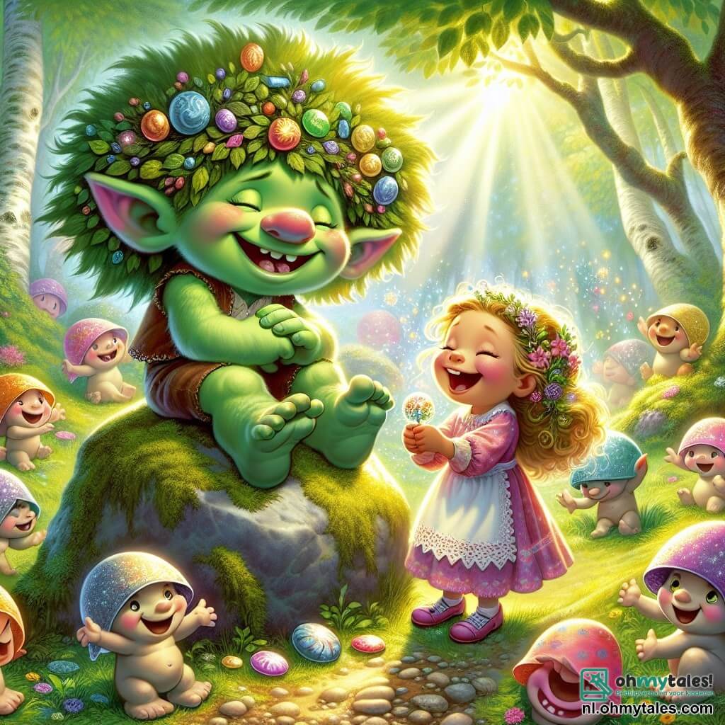 Une illustration destinée aux enfants représentant un troll jovial aux grandes oreilles et à la peau verte, avec un chapeau en feuilles qui lui tombe sur les yeux, assis sur une grosse pierre recouverte de mousse dans une clairière ensoleillée du Betoverde Bos, entouré de fleurs multicolores qui dansent au gré du vent, tandis qu'il partage des bonbons magiques avec une petite fille aux cheveux bouclés et pétillants d'énergie, qui rit aux éclats, et un groupe de trolls ronds et dansants, tous impatients de participer à une compétition de vitesse hilarante qui les mènera à découvrir l'importance de l'amitié et du partage.