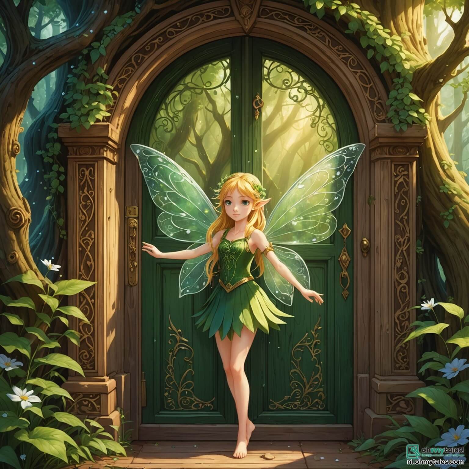 Une illustration destinée aux enfants représentant une petite elfe aux ailes scintillantes comme des gouttes de rosée au matin, avec des cheveux dorés flottant dans une brise légère, se tenant courageusement devant une porte en bois sculpté, ornée de motifs floraux et de runes anciennes, dans une forêt enchantée où les arbres majestueux, aux troncs noueux et aux feuillages éclatants, créent un dôme de verdure, tandis qu'elle se prépare à affronter un sorcier maléfique qui a volé la lumière de son royaume, entourée de ses amis, un petit dragon aux écailles chatoyantes et un sage hibou aux yeux perçants, tous deux prêts à l'aider dans cette quête magique pour restaurer la paix et la couleur dans leur monde féerique.
