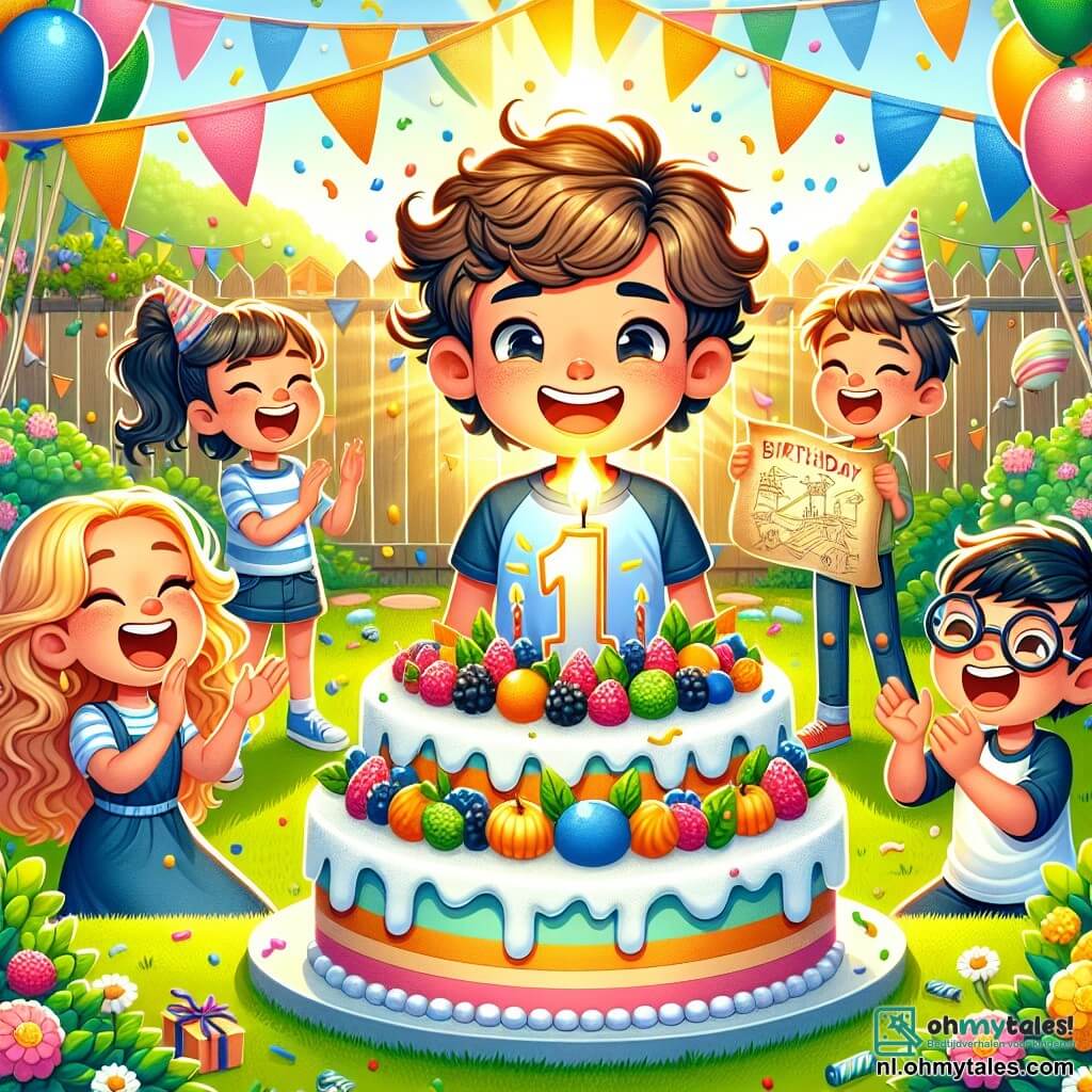 Une illustration sous forme de dessin destinée aux enfants représentant un jardin ensoleillé rempli de ballons colorés et de guirlandes festives, où un garçon de 11 ans aux cheveux bruns et bouclés, portant un T-shirt bleu avec une grande part de gâteau, souffle sur une bougie d'anniversaire posée sur une magnifique gâteau décoré de fruits, entouré de ses amis : une fille aux cheveux longs et blonds qui applaudit avec enthousiasme, et un garçon aux lunettes et aux cheveux noirs qui tient une carte au trésor, tous deux riant et s'amusant, capturant l'esprit joyeux et magique d'une fête d'anniversaire inoubliable.