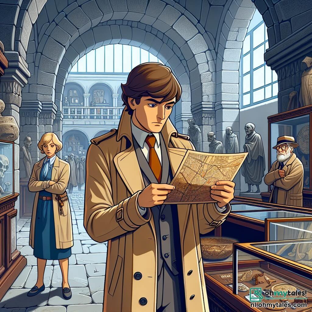 Une illustration sous forme de dessin destinée aux enfants représentant un musée ancien avec des murs en pierre et des vitrines remplies d'objets historiques, où un homme détective aux cheveux bruns et aux lunettes rondes, vêtu d'un trench-coat beige, examine attentivement une carte mystérieuse, tandis qu'une jeune femme aux cheveux blonds, portant un uniforme de musée, observe avec une expression inquiète, et un vieux monsieur à la barbe blanche, habillé d'un chapeau et d'un manteau, se tient en retrait, regardant la scène avec curiosité, alors qu'une atmosphère de mystère et d'aventure flotte dans l'air.