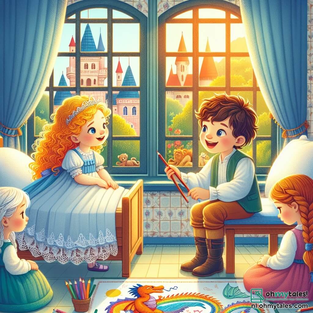 Une illustration sous forme de dessin destinée aux enfants représentant une chambre d'hôpital lumineuse avec un grand fenêtre laissant entrer la lumière du soleil, où une petite fille de 3 ans aux cheveux bouclés dorés et aux yeux pétillants, assise sur son lit, écoute attentivement un garçon de 5 ans aux cheveux bruns et à la grande sourire, qui lui raconte une histoire captivante, tandis qu'une petite fille aux tresses joue avec des crayons de couleur sur le sol, créant des dessins de dragons et de princesses, symbolisant l'amitié et l'espoir dans un moment difficile.