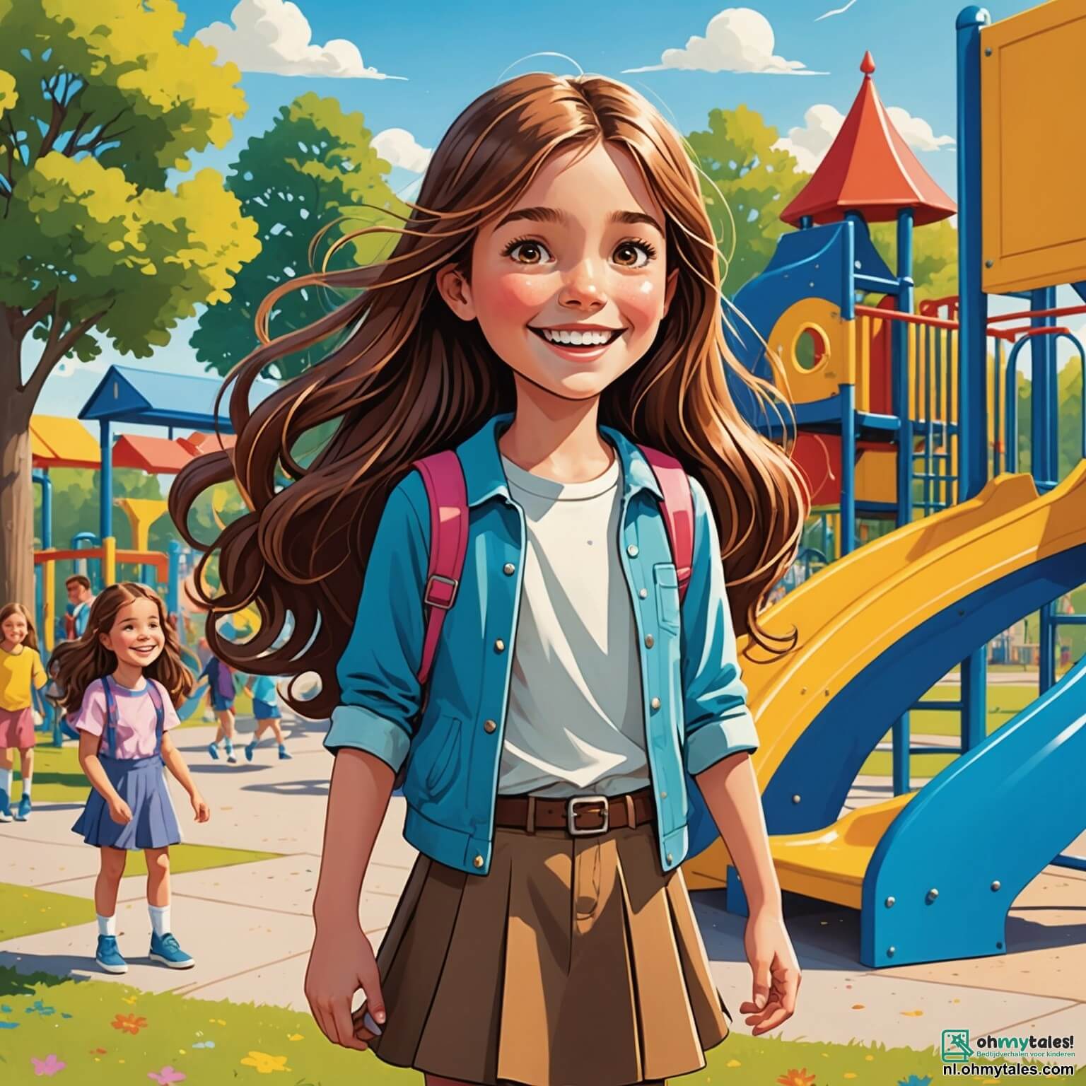 Une illustration destinée aux enfants représentant une jeune fille au sourire lumineux, avec de longs cheveux bruns flottant comme des vagues sous le vent, qui se trouve dans une cour d'école ensoleillée, entourée de jeux colorés et de rires d'enfants, mais qui, malgré l'éclat du jour, se sent seule et triste à cause des mots cruels d'un groupe de filles plus âgées, qui se tiennent en retrait, les bras croisés et les visages fermés, tandis que ses fidèles amis, un garçon à la casquette rouge et une fille aux couettes blondes, tentent de la réconforter avec des gestes amicaux et des sourires encourageants, créant ainsi un contraste entre la lumière joyeuse de l'environnement et l'ombre du harcèlement qui plane sur elle.