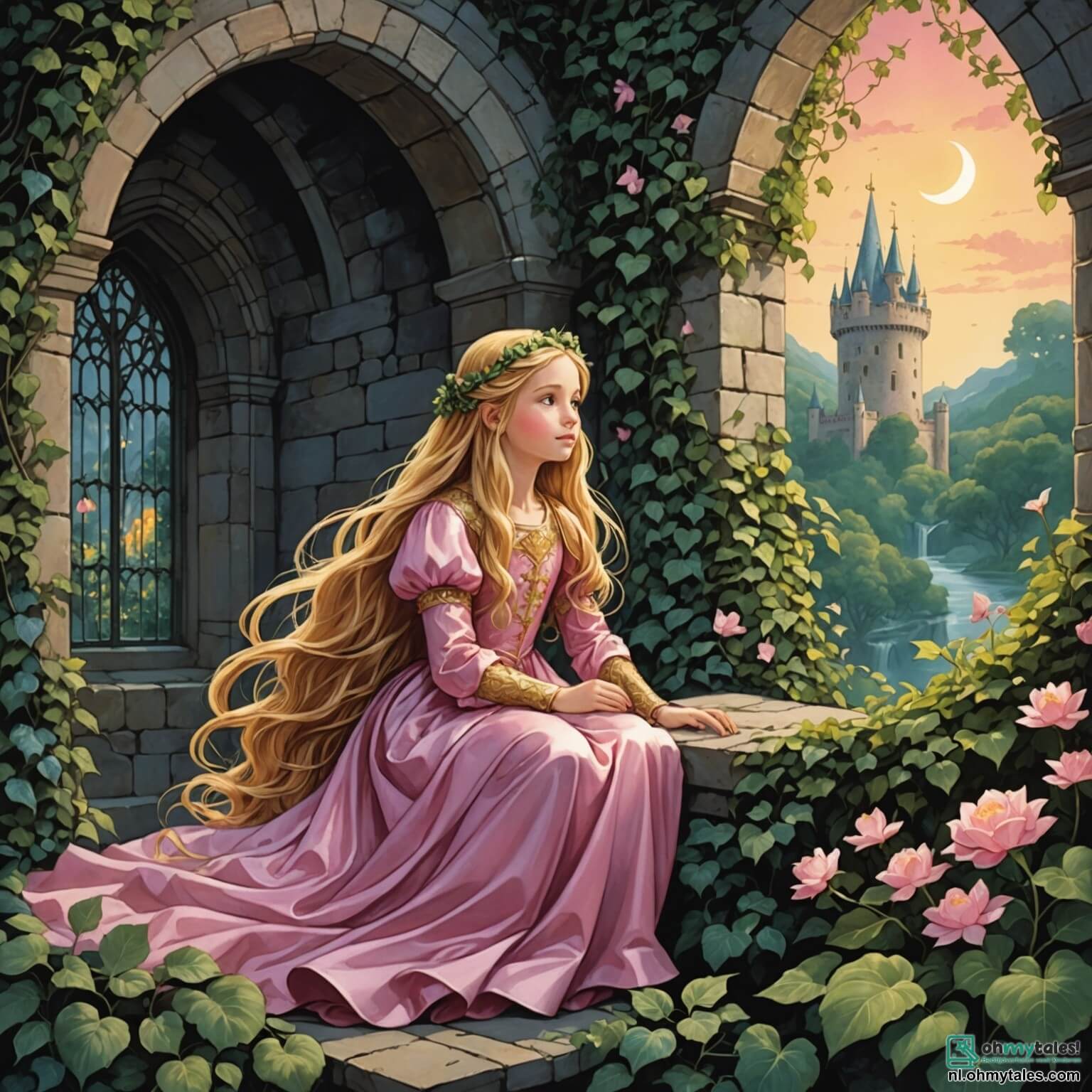 Une illustration destinée aux enfants représentant une jeune fille aux longs cheveux dorés, enveloppée dans une robe de satin rose délicat, dormant paisiblement dans une tour de pierre recouverte de lierre, où des rayons de lune filtrent à travers les fenêtres poussiéreuses, tandis qu'un prince courageux, avec une armure scintillante et un cœur vaillant, se fraye un chemin à travers une forêt enchantée, peuplée de fleurs colorées et de créatures magiques, pour briser la malédiction d'une sorcière aux yeux perçants et au rire sinistre, qui se cache dans l'ombre des arbres, attendant de voir si l'amour véritable pourra réveiller la beauté endormie et restaurer la joie dans ce royaume oublié.