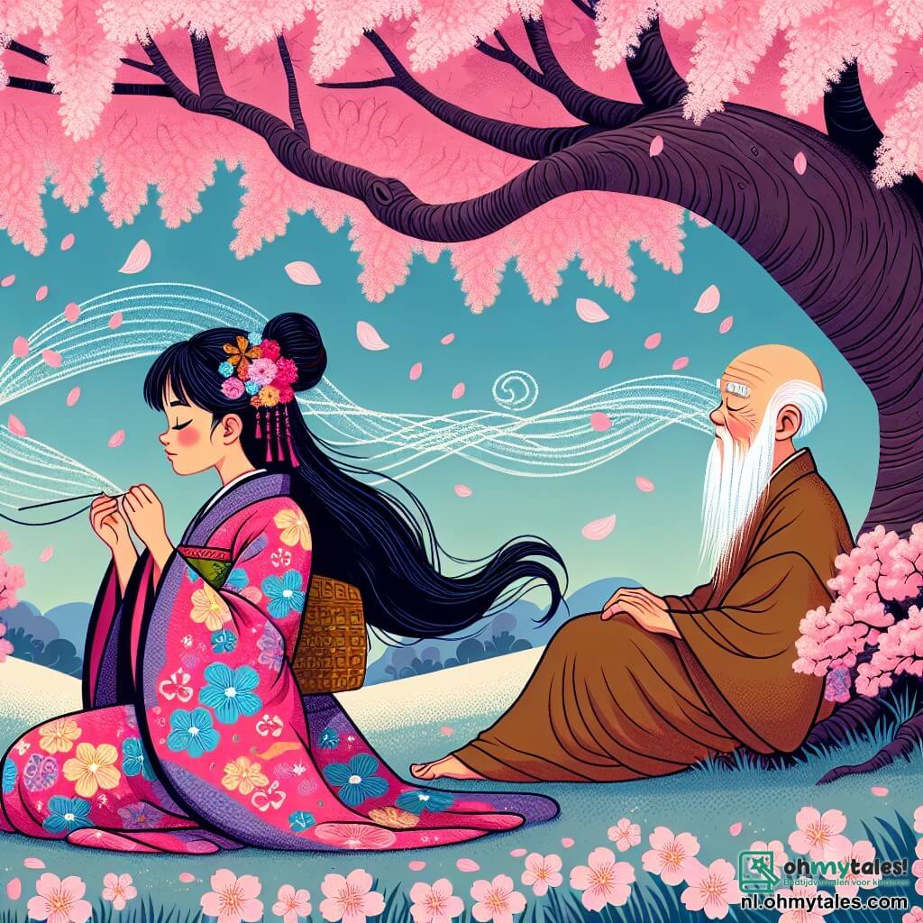 Une illustration sous forme de dessin destinée aux enfants représentant un magnifique champ de cerisiers en fleurs au Japon, avec une jeune femme aux longs cheveux noirs et une robe traditionnelle colorée, assise sous un grand arbre sakura, contemplant les pétales roses qui tombent autour d'elle, tandis qu'un vieux sage barbu, vêtu d'une robe simple, l'observe avec bienveillance, illustrant le moment où elle découvre sa force intérieure face à ses doutes, entourée de la beauté de la nature et d'une atmosphère magique.