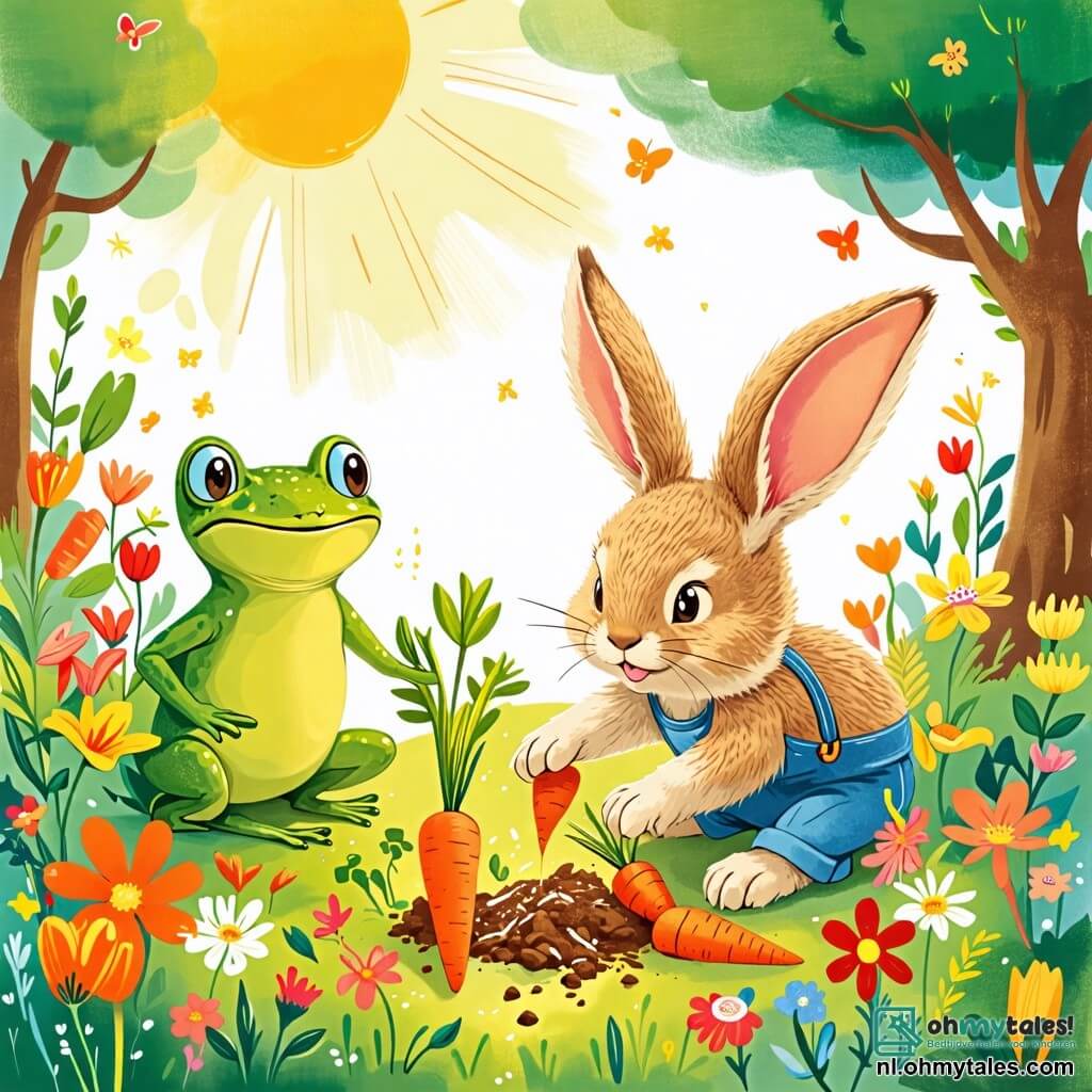 Une illustration sous forme de dessin destinée aux enfants représentant une joyeuse scène dans une verdoyante jardin ensoleillé, où un petit lapin aux grandes oreilles et à la fourrure douce creuse avec enthousiasme pour déterrer des carottes, tandis qu'une grenouille verte aux yeux pétillants saute joyeusement autour de lui, tous deux entourés de fleurs colorées et d'autres animaux curieux qui se rassemblent pour célébrer un festin de carottes, créant une ambiance festive et amicale.
