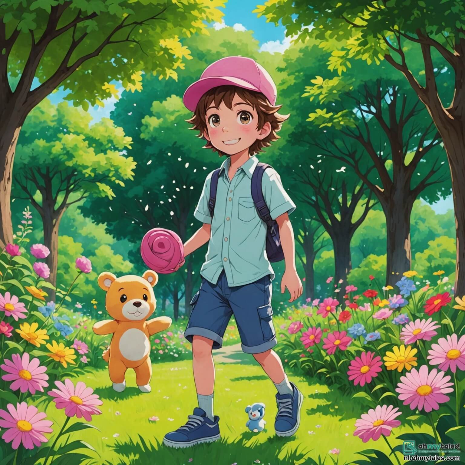 Une illustration destinée aux enfants représentant un garçon aux yeux pétillants et aux cheveux en bataille, se tenant au milieu d'un parc verdoyant où les arbres dansent sous la brise légère, entouré de rires d'enfants et de fleurs colorées, tandis qu'il cherche désespérément sa douce peluche perdue, avec à ses côtés une amie au chapeau rose, prête à l'aider, et sa mère, une femme au sourire chaleureux, qui l'encourage à être honnête et à ne pas laisser le mensonge obscurcir leur journée ensoleillée.