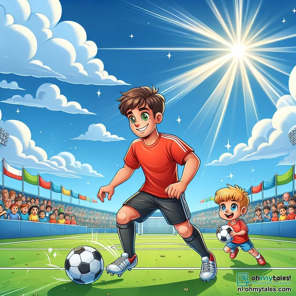 Illustratie van een voetbalveld dat trilt onder een stralende blauwe lucht, met zacht drijvende witte wolken. In het midden dribbelt een atletische man van ongeveer dertig jaar met rommelig bruin haar en een zelfverzekerde glimlach behendig de bal, gekleed in een rood shirt en zwarte shorts, terwijl zijn sportschoenen schitteren in de zon. Aan de rand van het veld kijkt een jonge jongen van ongeveer acht jaar met blond haar en sprankelende ogen vol bewondering toe, terwijl hij een kleine voetbal in zijn handen houdt en droomt van een carrière als groot speler. De scène straalt een sfeer van opwinding en kameraadschap uit, met supporters op de achtergrond die kleurrijke vlaggen en spandoeken omhoog houden, wat een feestelijke ambiance creëert. Zonnestralen verlichten het veld, wat de energie en passie van het spel benadrukt.