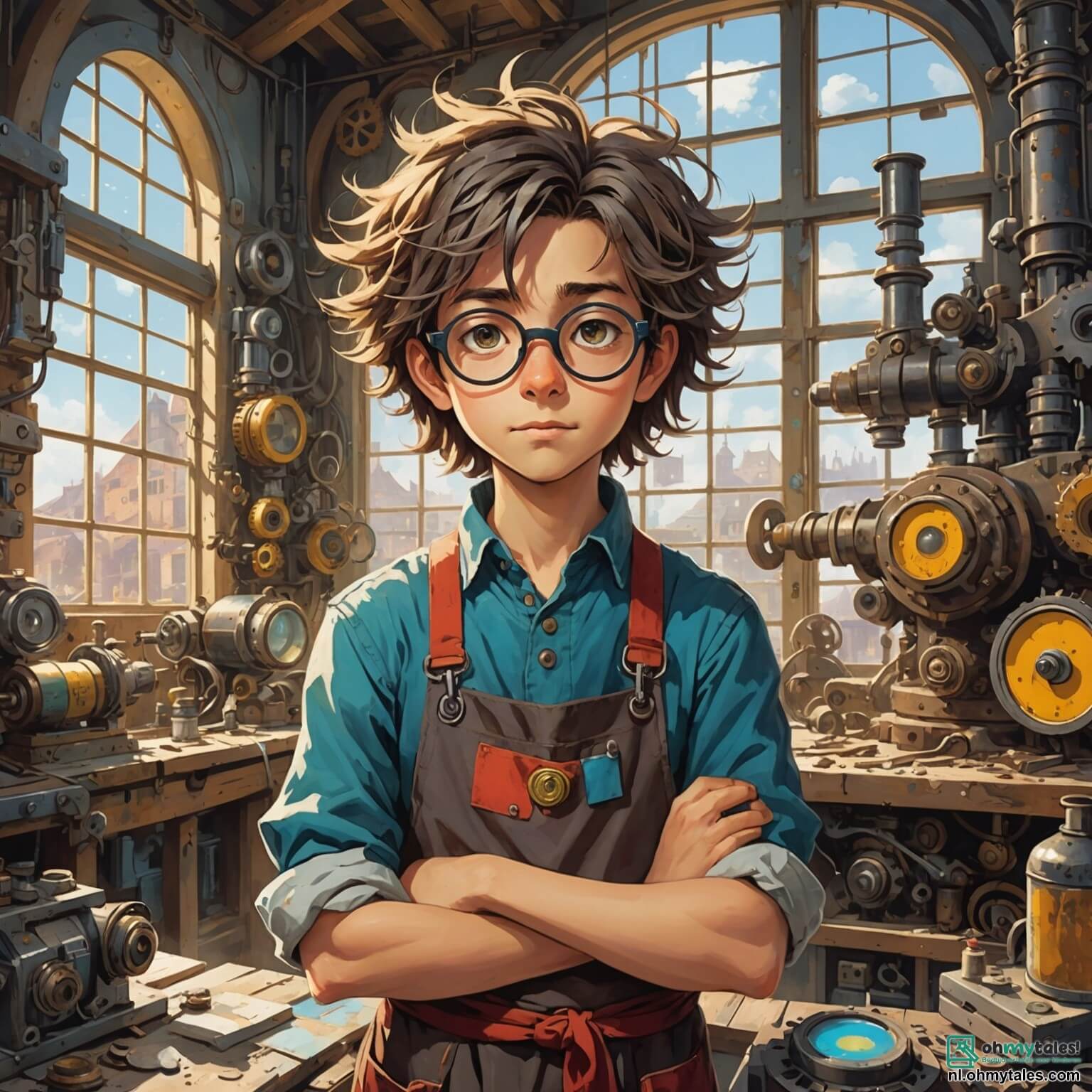 Une illustration destinée aux enfants représentant un homme à la chevelure ébouriffée, portant une épaisse paire de lunettes aux verres embués, vêtu d'un vieux tablier taché de peinture et d'huile, entouré de machines étranges aux formes loufoques et aux couleurs éclatantes, dans une vaste et chaotique atelier où des engrenages brillent sous la lumière du soleil filtrant à travers des fenêtres poussiéreuses, tandis qu'une fille aux yeux pétillants et un garçon curieux, tous deux débordant d'énergie et d'enthousiasme, l'aident à résoudre le mystère d'une machine à biscuits qui s'emballe, créant une pluie de douceurs sucrées et de rires dans cette ambiance joyeuse et colorée.
