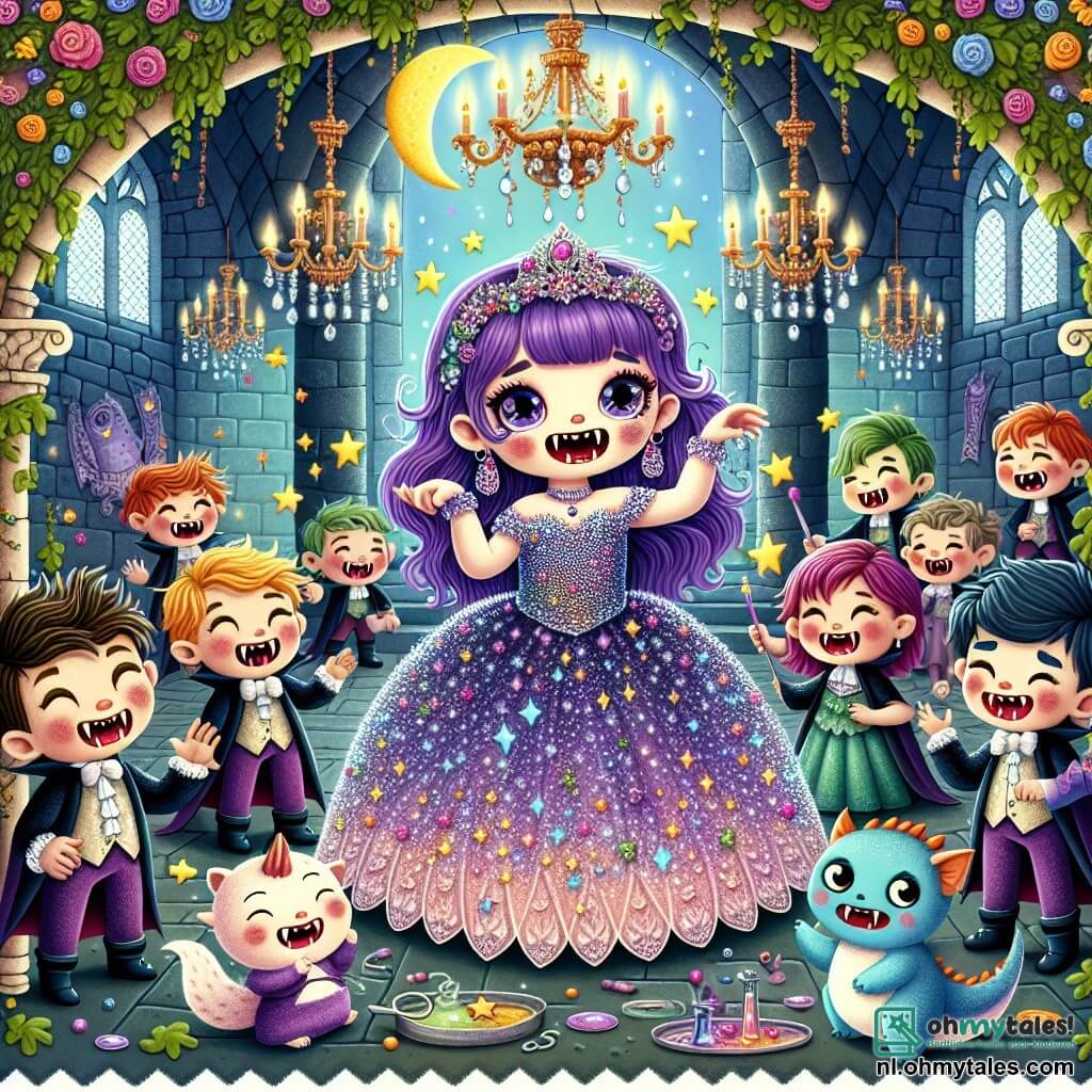 Une illustration destinée aux enfants représentant une vampire espiègle aux cheveux violets et aux yeux pétillants, vêtue d'une robe scintillante ornée de petites étoiles, se tenant au centre d'un château ancien aux murs recouverts de lierre et de fleurs colorées, où des chandeliers en cristal scintillent sous la lumière d'une pleine lune, tandis qu'elle tente de préparer une potion magique pour résoudre le problème des dents en désordre de ses amis vampires, entourée de son fidèle compagnon, un petit dragon bleu aux écailles brillantes et aux yeux malicieux, et de ses camarades vampires aux sourires éclatants, tous prêts à danser et à célébrer dans cette ambiance féerique et joyeuse.