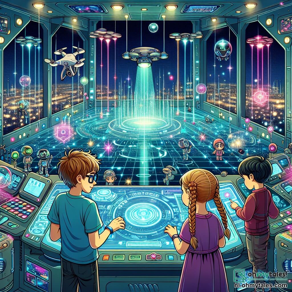 Illustratie van een grote futuristische zaal vol glanzende machines en kleurrijke hologrammen. De muren zijn bedekt met schermen die beelden van de stad van het licht uitzenden, met glinsterende gebouwen en drones die door de lucht vliegen. In het midden staan drie kinderen rond een verlichte console: een 12-jarig jongetje met rommelig bruin haar, in een blauwe t-shirt en met een bril, die aandachtig naar het scherm kijkt. Naast hem een 11-jarig meisje met gevlochten blond haar, gekleed in een paarse jurk, dat snel op het holografische toetsenbord tikt met een geconcentreerde blik. Ten slotte een 10-jarig jongetje met zwart haar en een rode pet, die verwonderd naar de hologrammen kijkt die om hen heen worden geprojecteerd. De hoofdscène toont de kinderen die een mysterieuze technologie ontdekken, met knipperende lichten en een voelbare sfeer van opwinding. Op de achtergrond voegen lichtgevende kabels en futuristische apparaten toe aan de magische sfeer van dit avontuur.